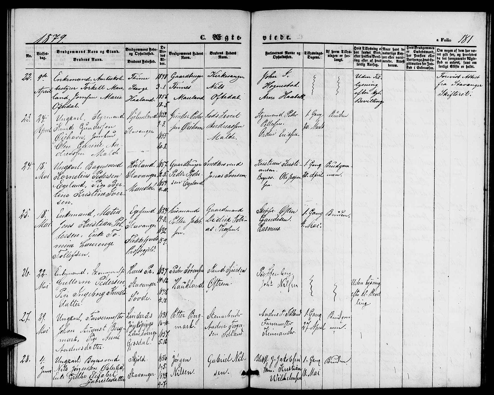 St. Petri sokneprestkontor, AV/SAST-A-101813/001/30/30BB/L0002: Parish register (copy) no. B 2, 1865-1885, p. 181