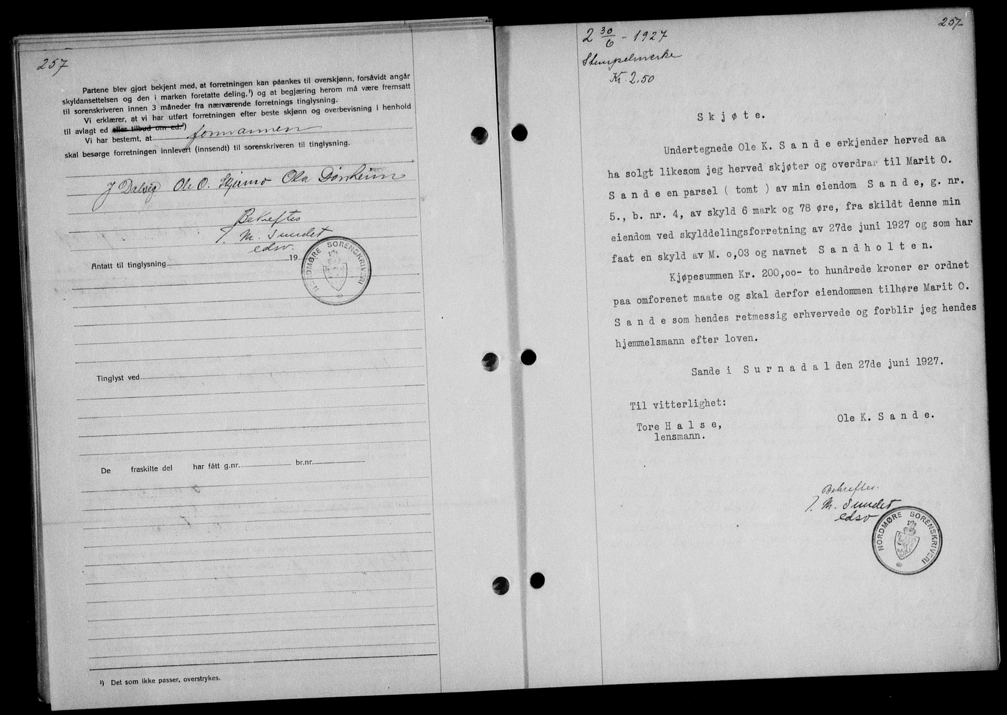 Nordmøre sorenskriveri, AV/SAT-A-4132/1/2/2Ca/L0062: Mortgage book no. 52, 1927-1927, Deed date: 30.06.1927