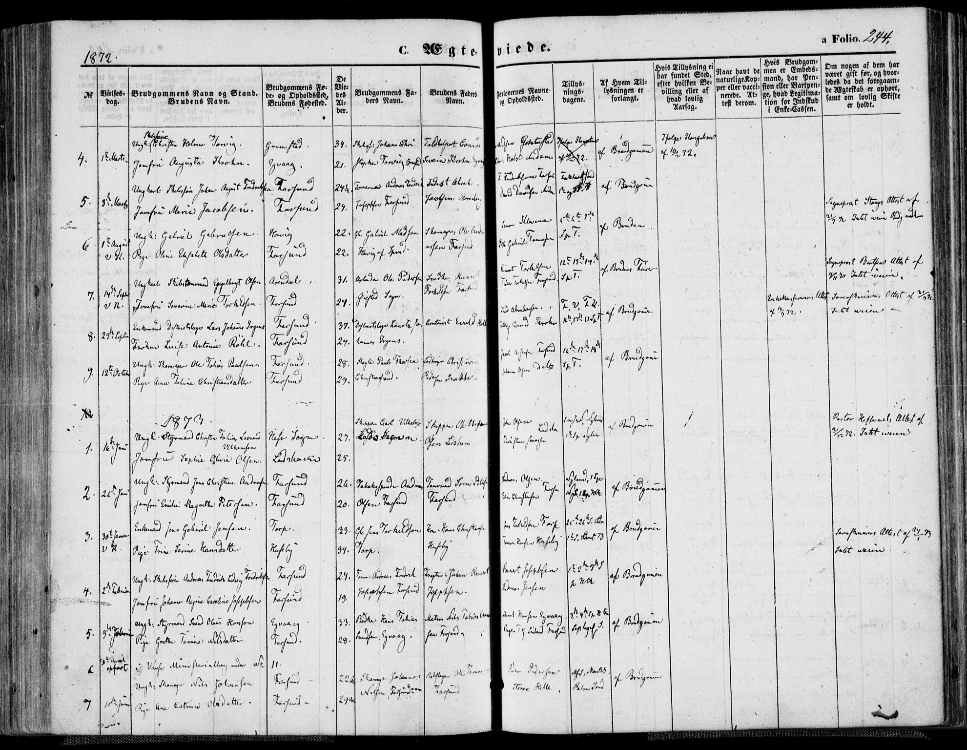 Farsund sokneprestkontor, SAK/1111-0009/F/Fa/L0005: Parish register (official) no. A 5, 1863-1886, p. 244