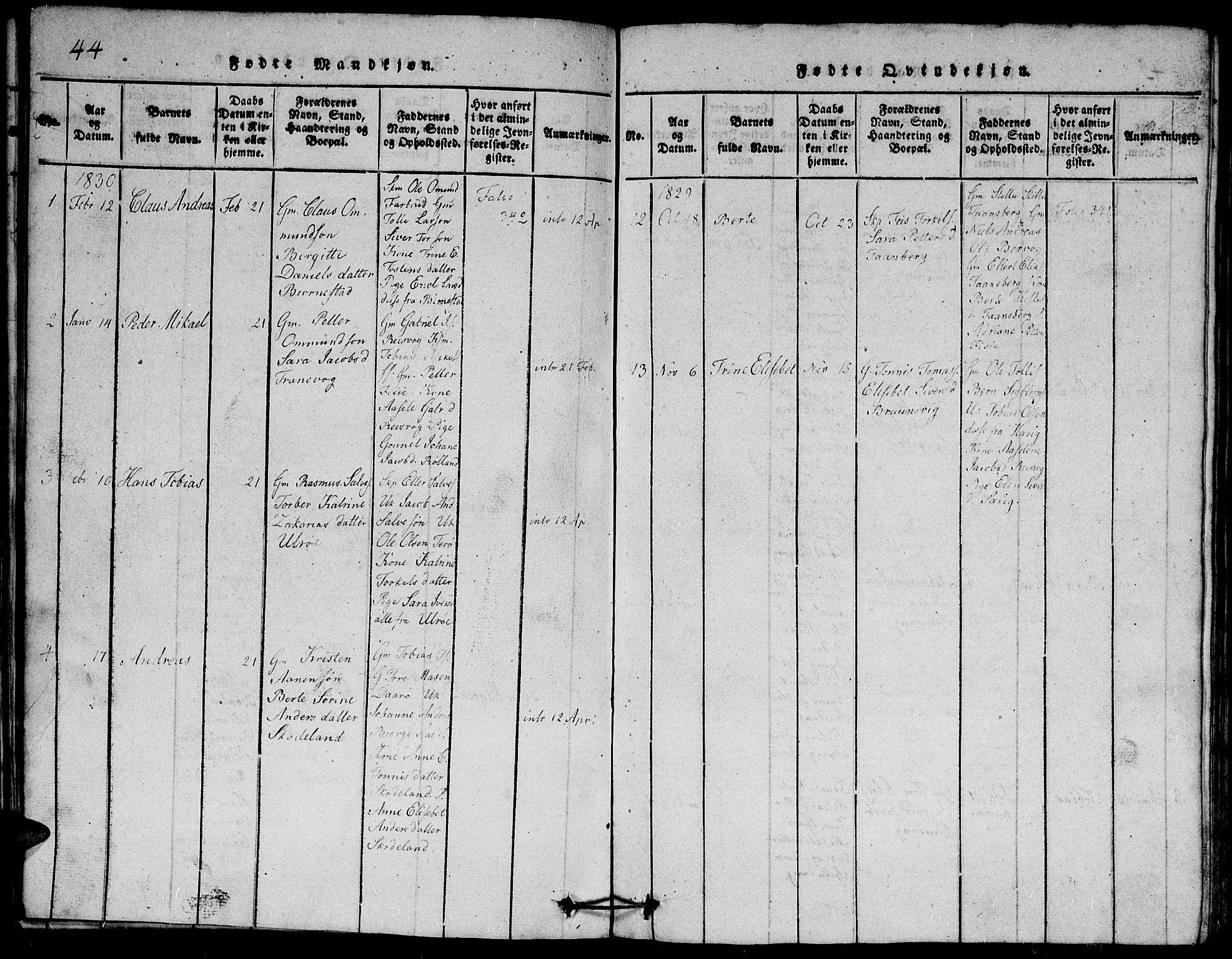 Herad sokneprestkontor, SAK/1111-0018/F/Fb/Fbb/L0001: Parish register (copy) no. B 1, 1815-1852, p. 44