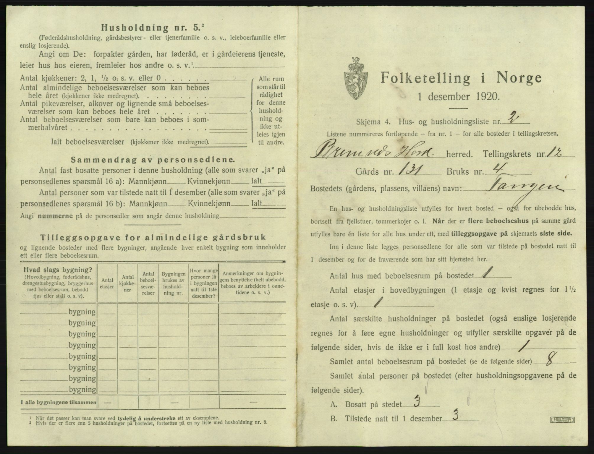 SAB, 1920 census for Bremnes, 1920, p. 1028