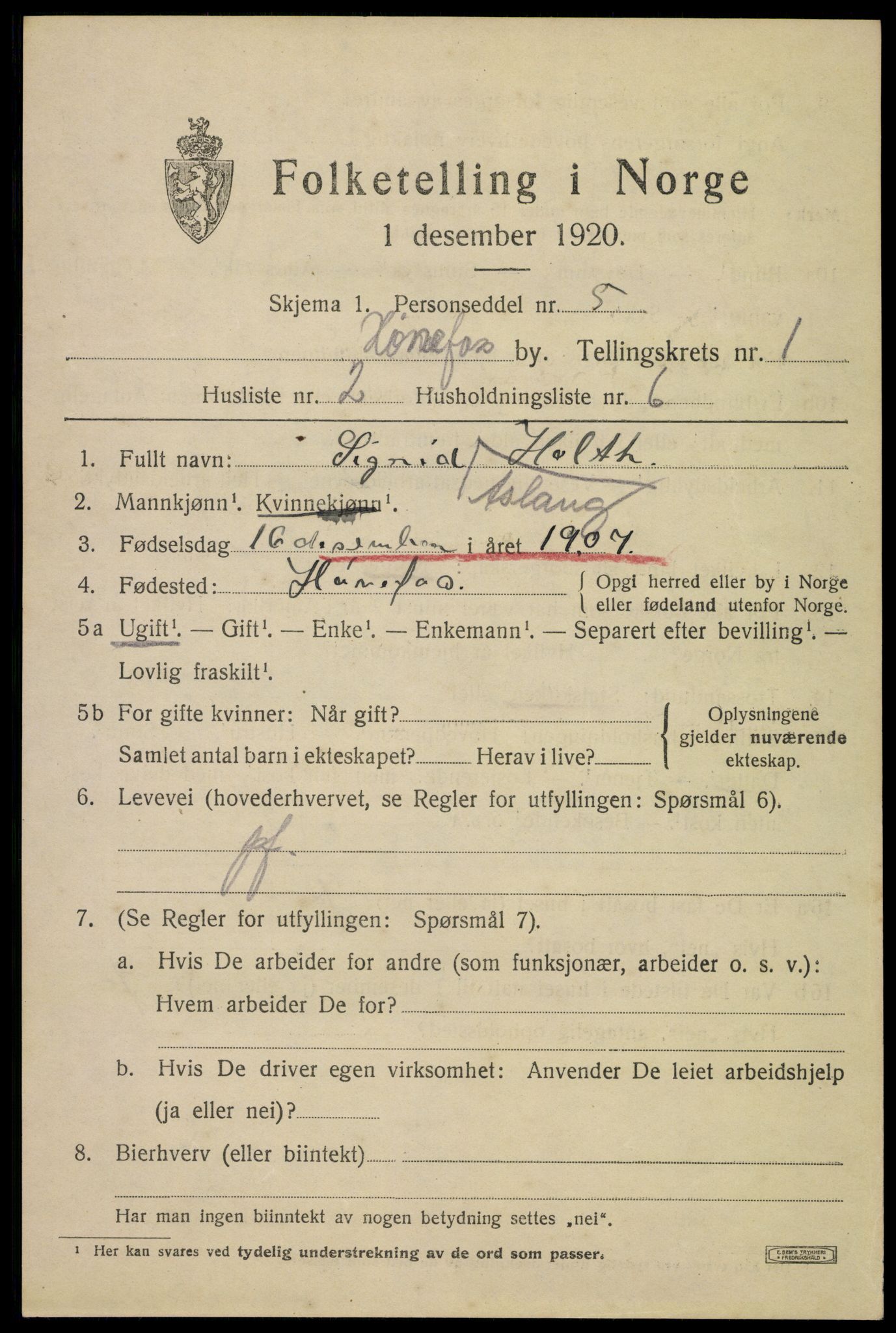 SAKO, 1920 census for Hønefoss, 1920, p. 2400