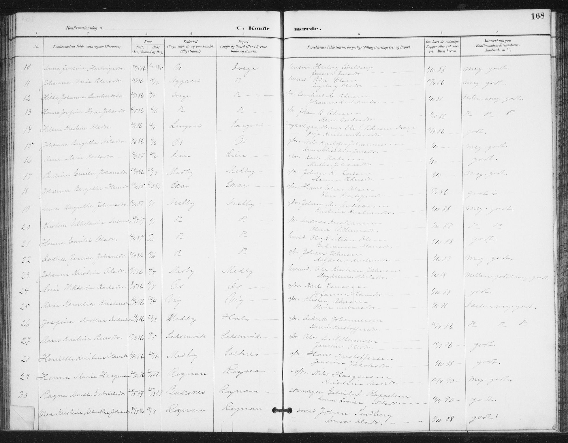 Ministerialprotokoller, klokkerbøker og fødselsregistre - Nordland, AV/SAT-A-1459/847/L0682: Parish register (copy) no. 847C10, 1889-1907, p. 168