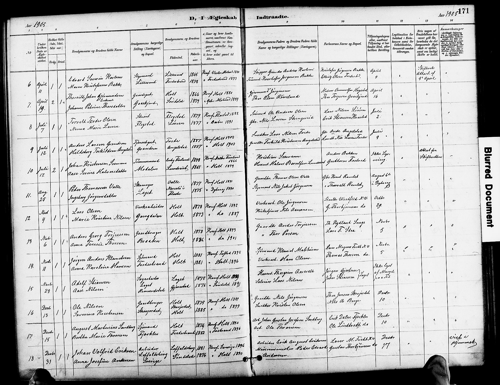 Holt sokneprestkontor, AV/SAK-1111-0021/F/Fb/L0011: Parish register (copy) no. B 11, 1897-1921, p. 171