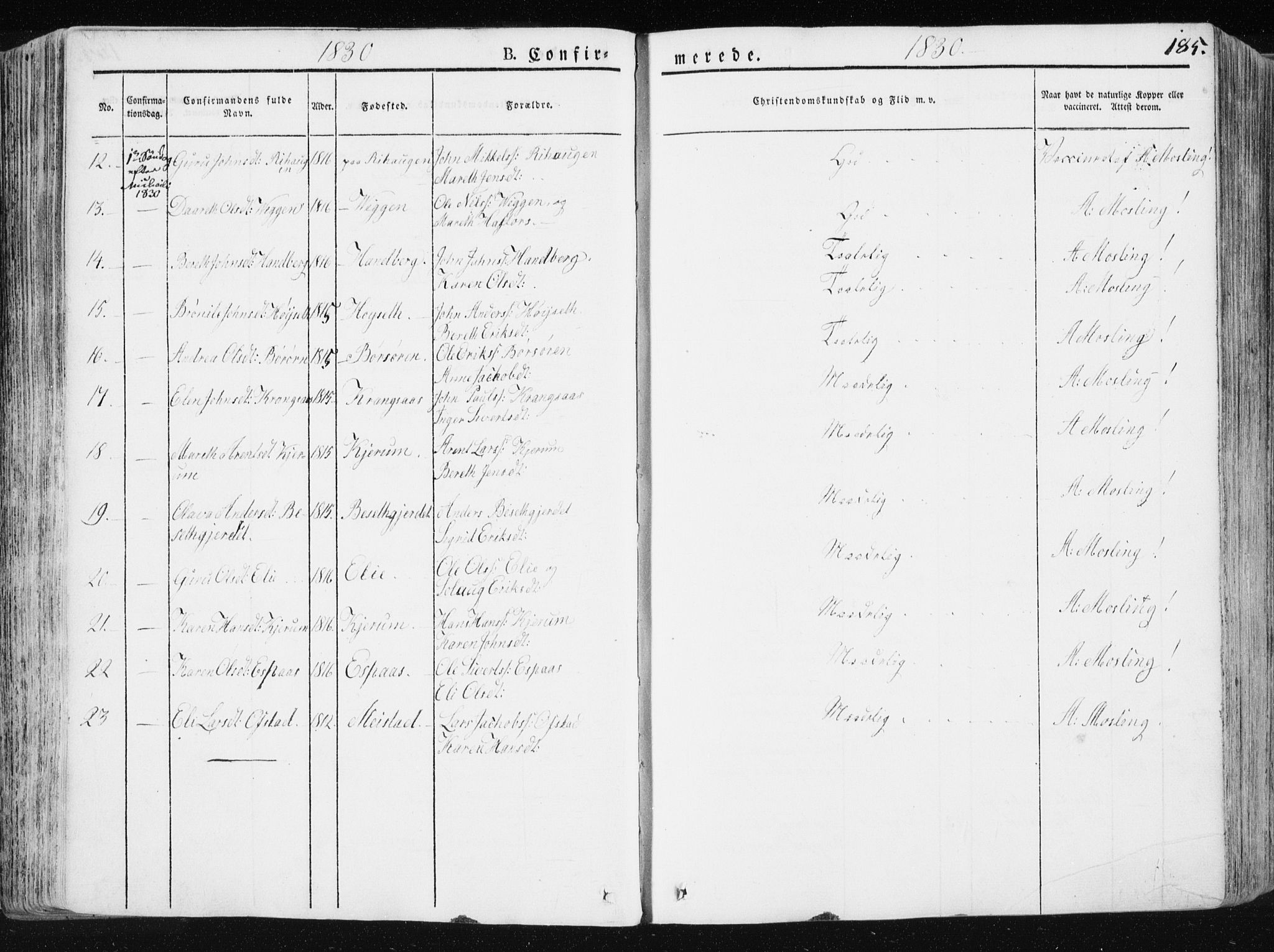 Ministerialprotokoller, klokkerbøker og fødselsregistre - Sør-Trøndelag, SAT/A-1456/665/L0771: Parish register (official) no. 665A06, 1830-1856, p. 185