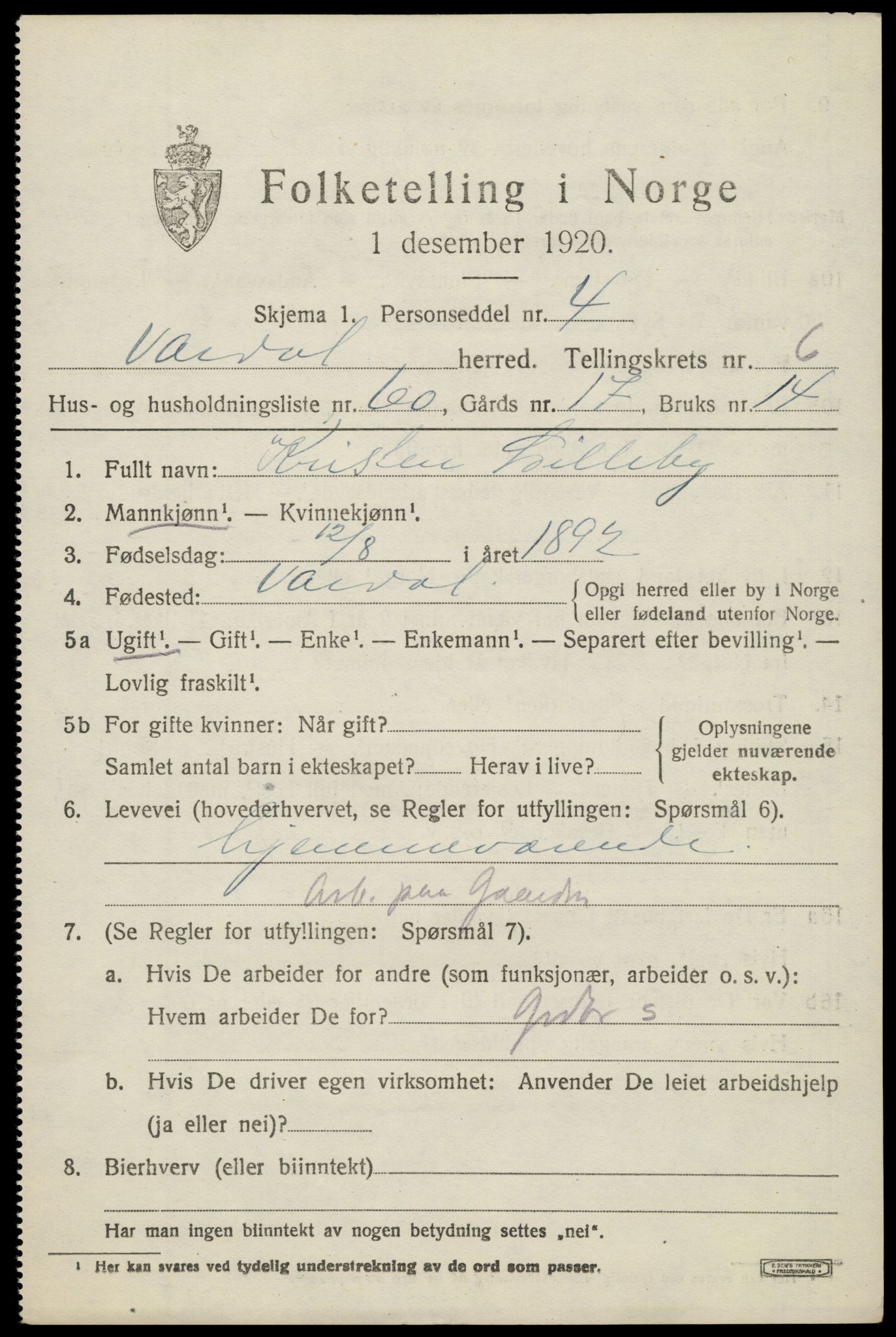 SAH, 1920 census for Vardal, 1920, p. 4559