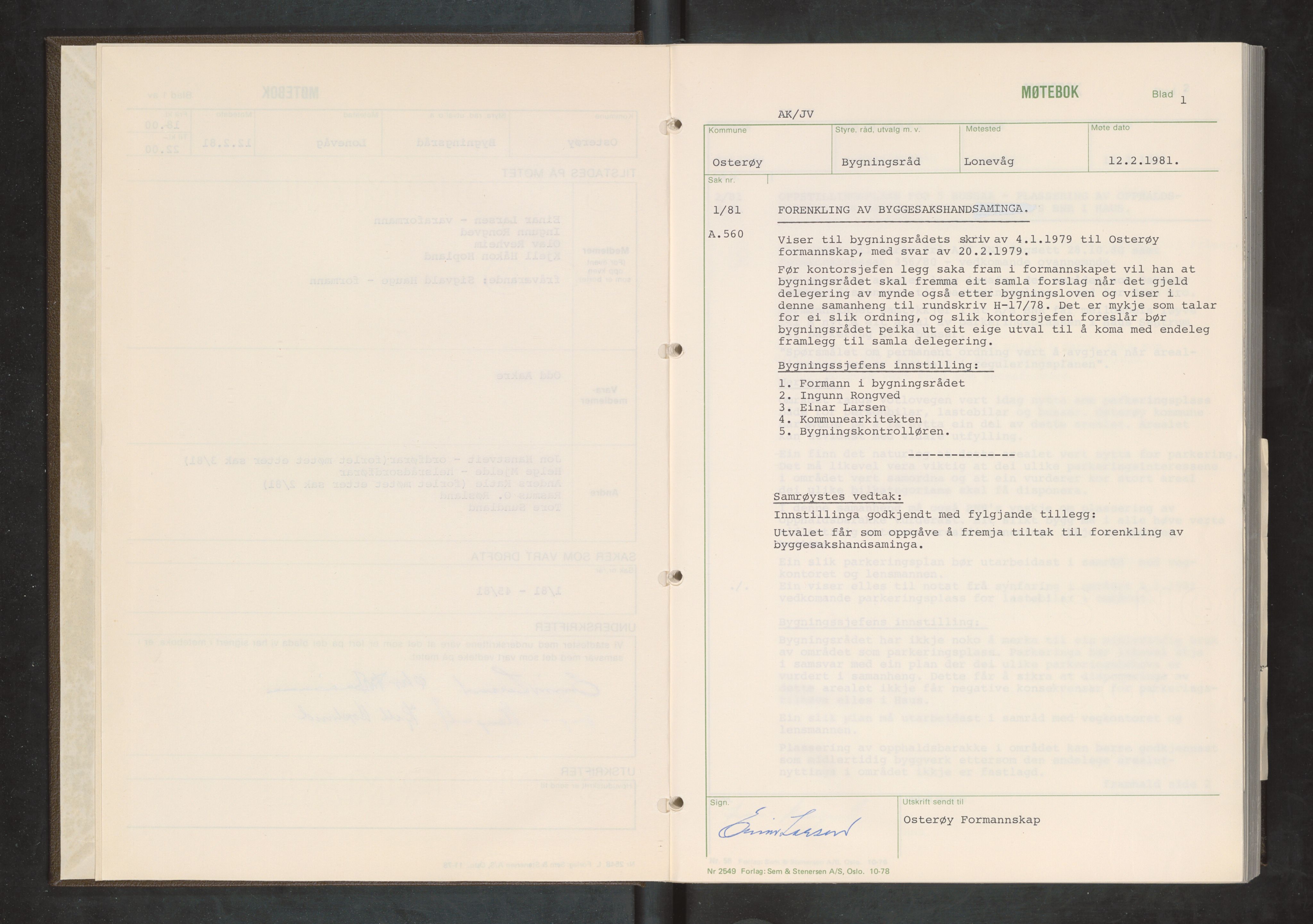 Osterøy kommune. Bygningsrådet, IKAH/1253b-511/A/Aa/L0014: Møtebok Osterøy bygningsråd, 1981