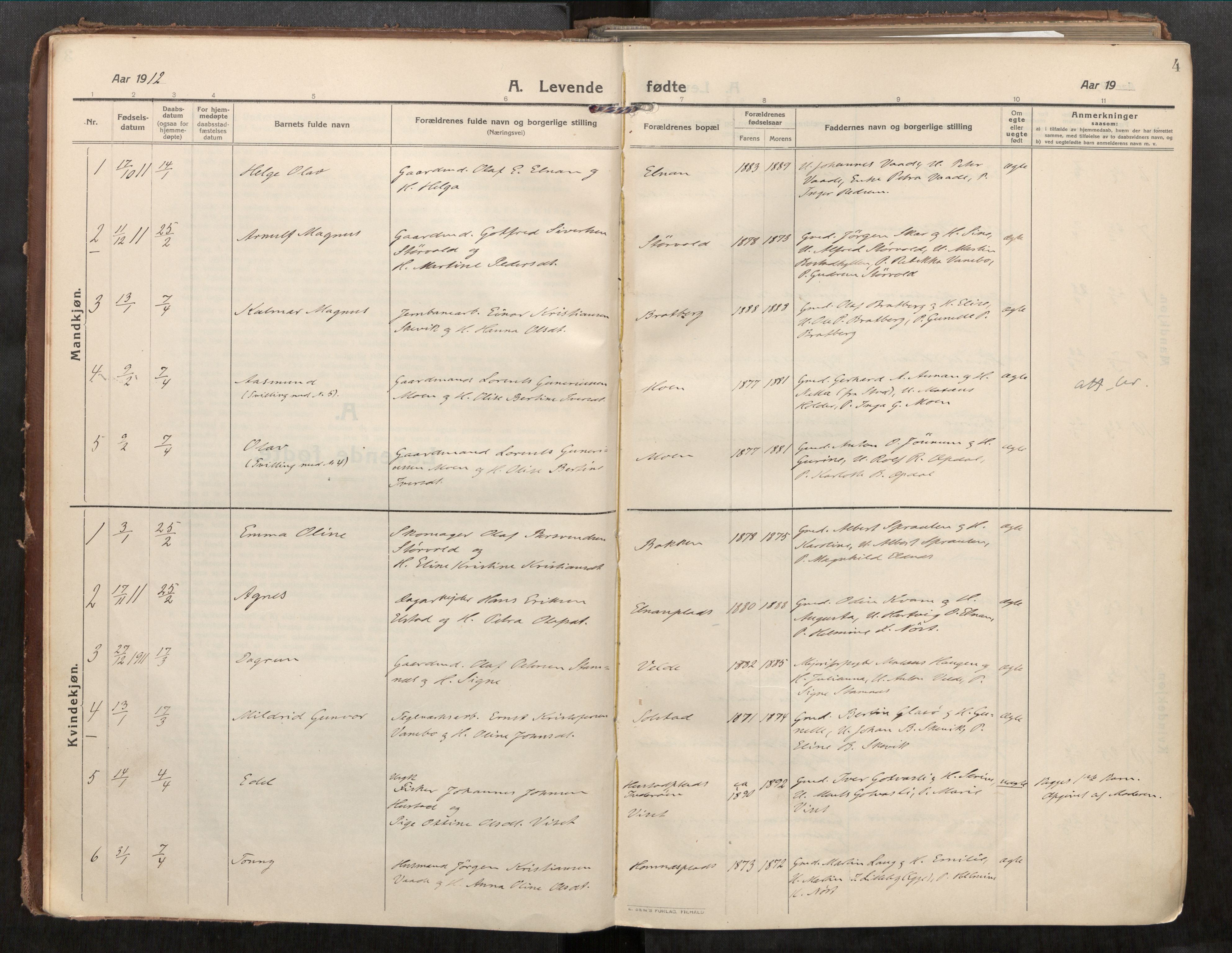 Beitstad sokneprestkontor, SAT/A-1162/I/I1/I1a/L0001: Parish register (official) no. 1, 1912-1927, p. 4