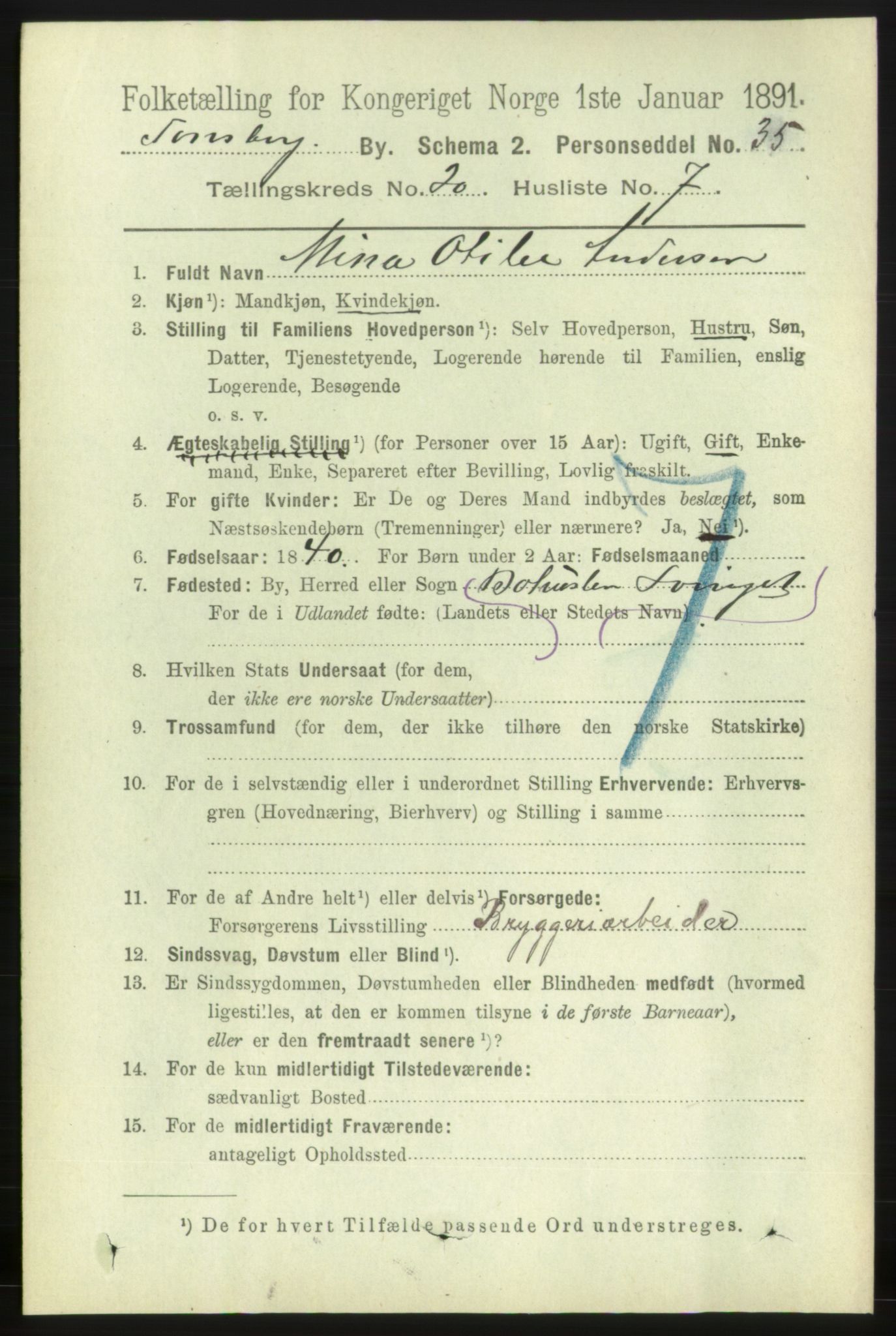 RA, 1891 census for 0705 Tønsberg, 1891, p. 5509