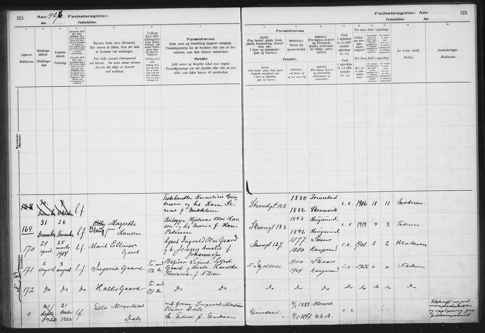 Haugesund sokneprestkontor, AV/SAST-A -101863/I/Id/L0005: Birth register no. 3, 1923-1929, p. 125