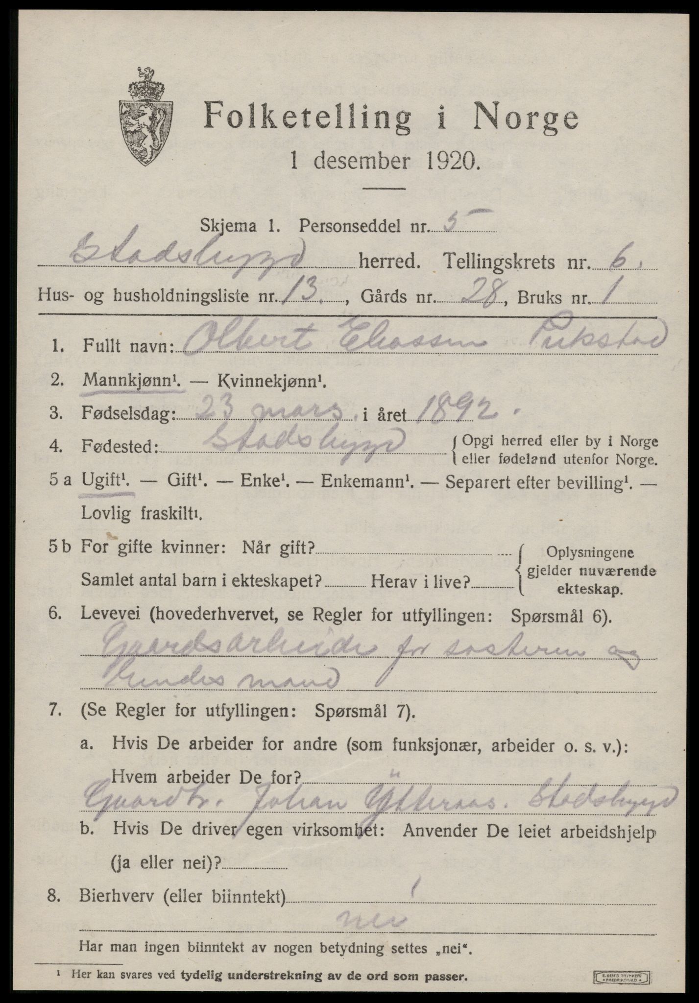 SAT, 1920 census for Stadsbygd, 1920, p. 3240