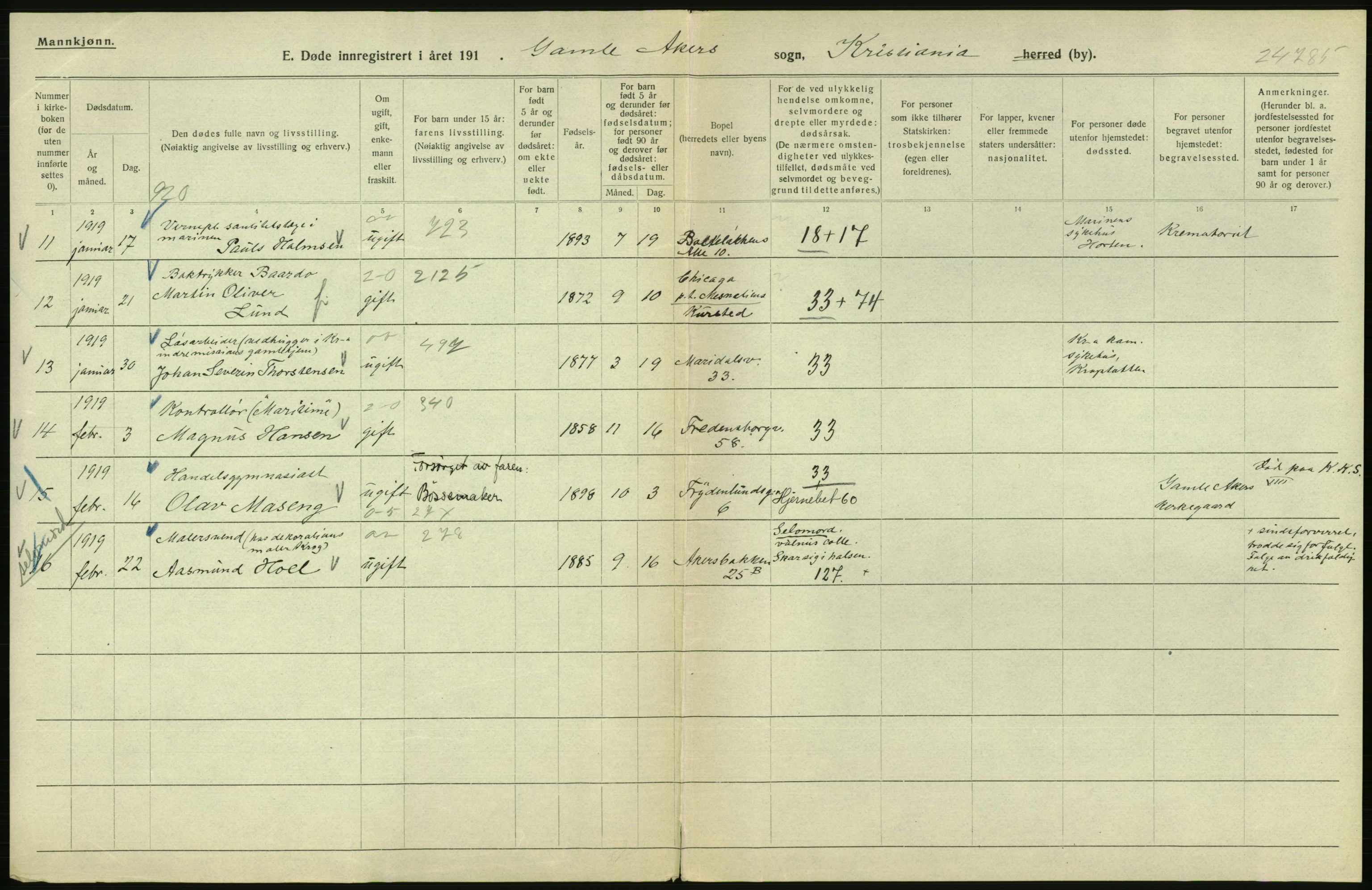 Statistisk sentralbyrå, Sosiodemografiske emner, Befolkning, AV/RA-S-2228/D/Df/Dfb/Dfbi/L0011: Kristiania: Døde, dødfødte, 1919