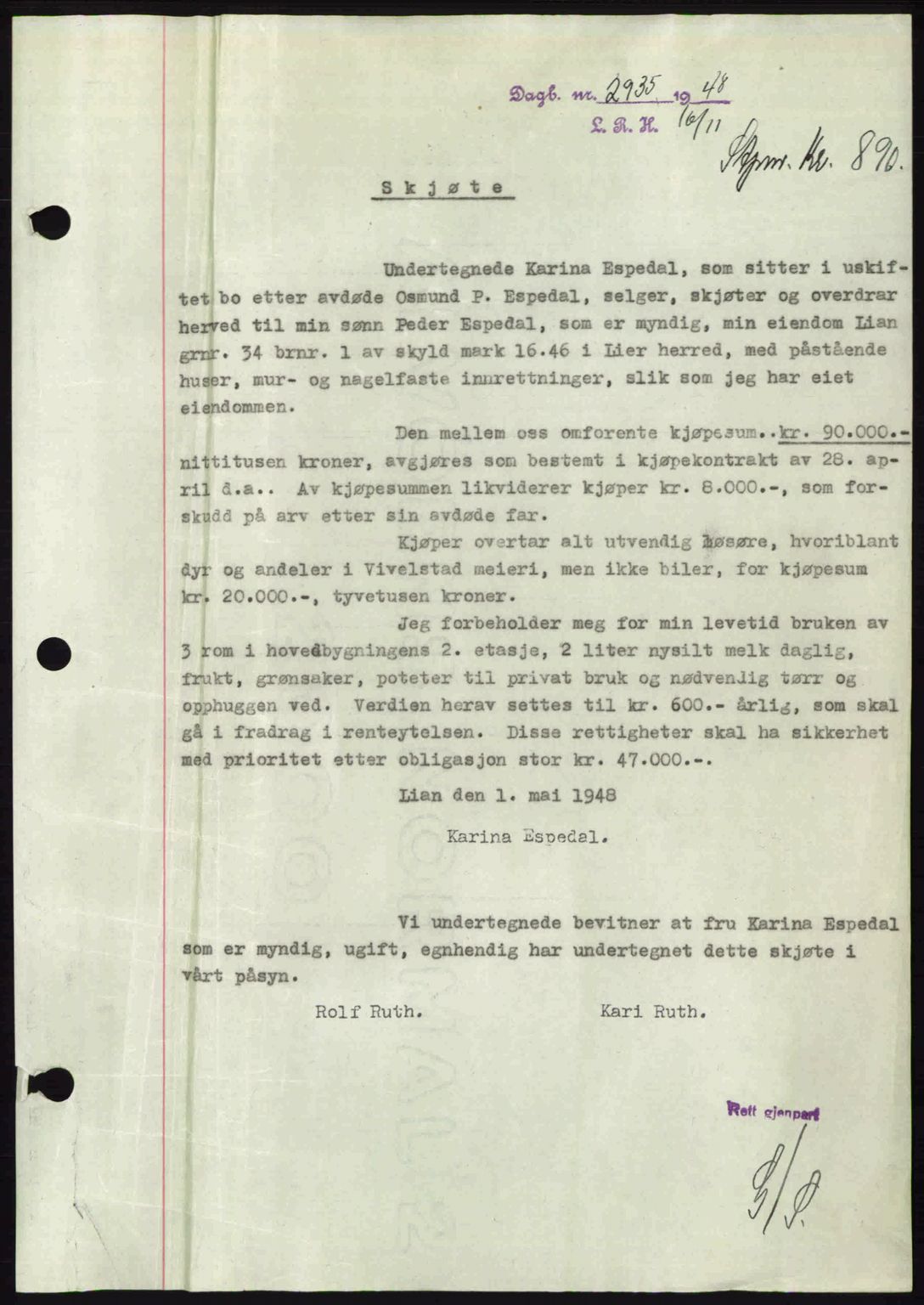 Lier, Røyken og Hurum sorenskriveri, SAKO/A-89/G/Ga/Gab/L0098: Mortgage book no. 98, 1948-1949, Diary no: : 2935/1948