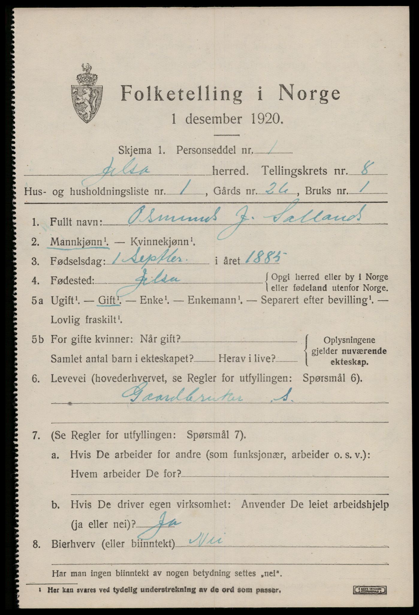 SAST, 1920 census for Jelsa, 1920, p. 2142