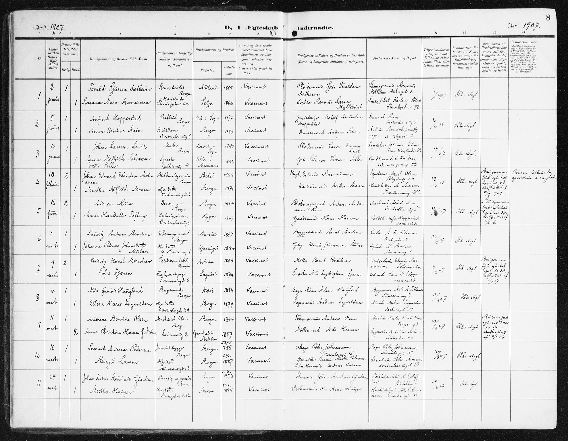 Domkirken sokneprestembete, AV/SAB-A-74801/H/Haa/L0038: Parish register (official) no. D 5, 1906-1921, p. 8