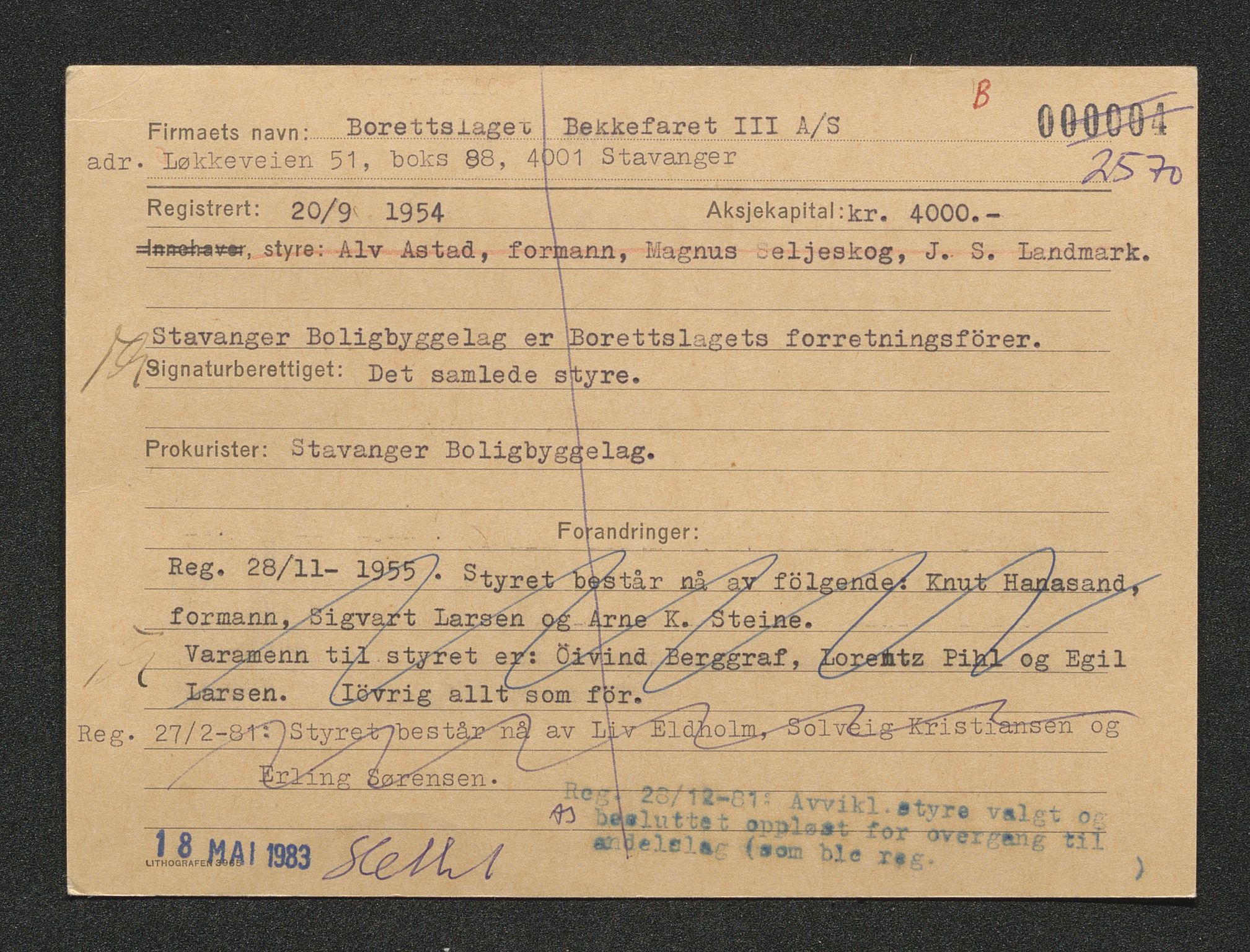 Stavanger byfogd, SAST/A-101408/001/4/42/422/4221A/L0001: Register over slettede firma A-C, 1891-1987, p. 188