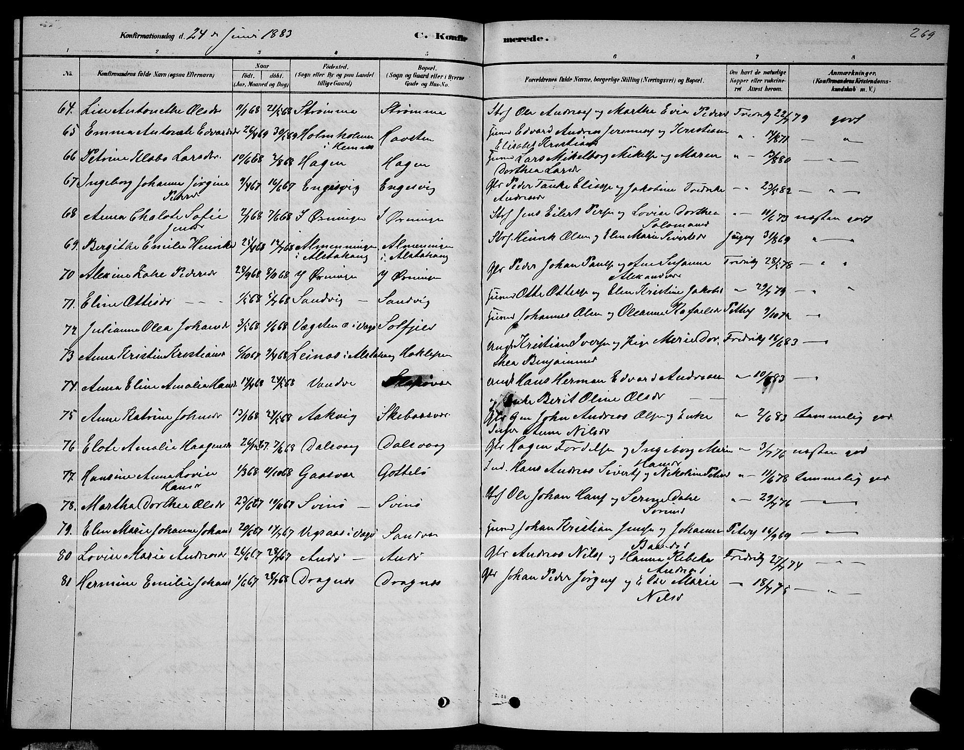 Ministerialprotokoller, klokkerbøker og fødselsregistre - Nordland, AV/SAT-A-1459/834/L0513: Parish register (copy) no. 834C04, 1877-1892, p. 269