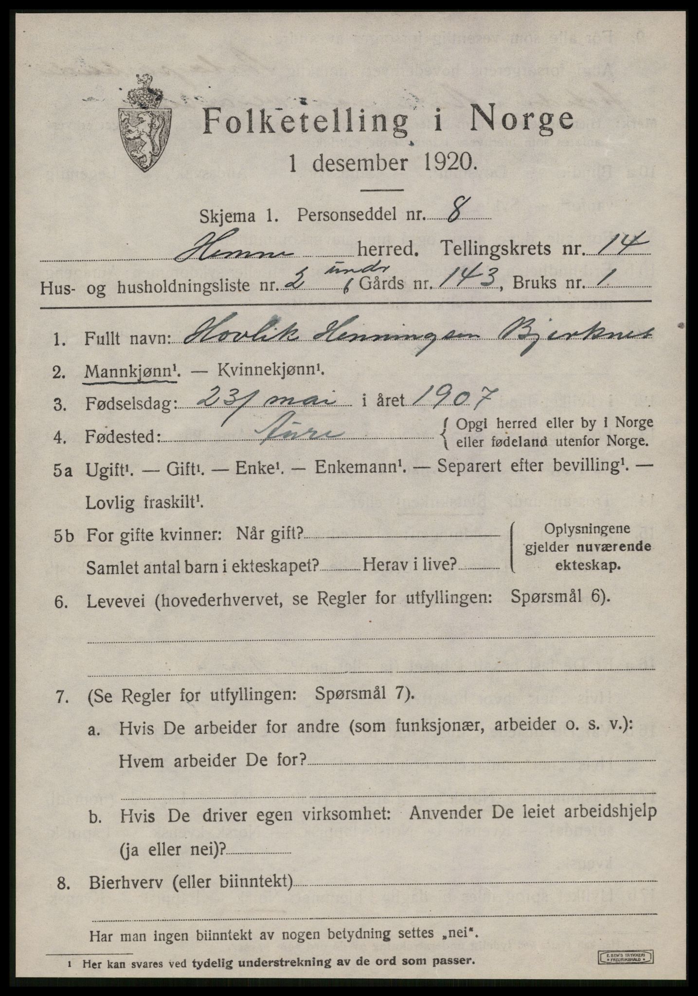 SAT, 1920 census for Hemne, 1920, p. 7946