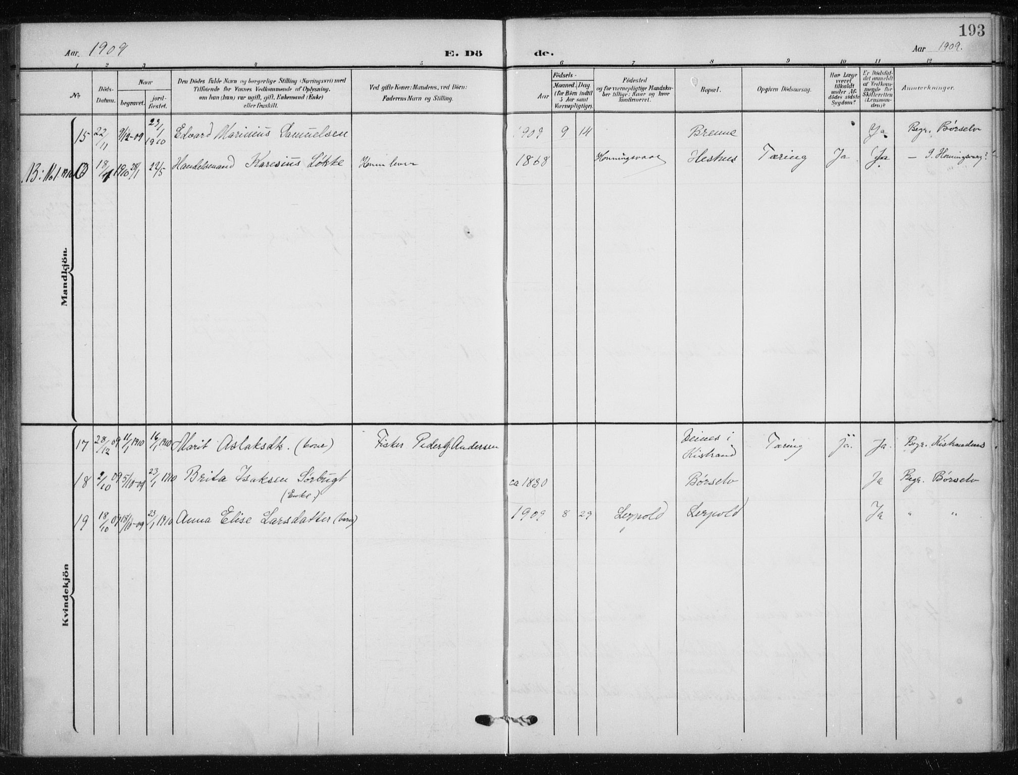 Kistrand/Porsanger sokneprestembete, AV/SATØ-S-1351/H/Ha/L0014.kirke: Parish register (official) no. 14, 1908-1917, p. 193