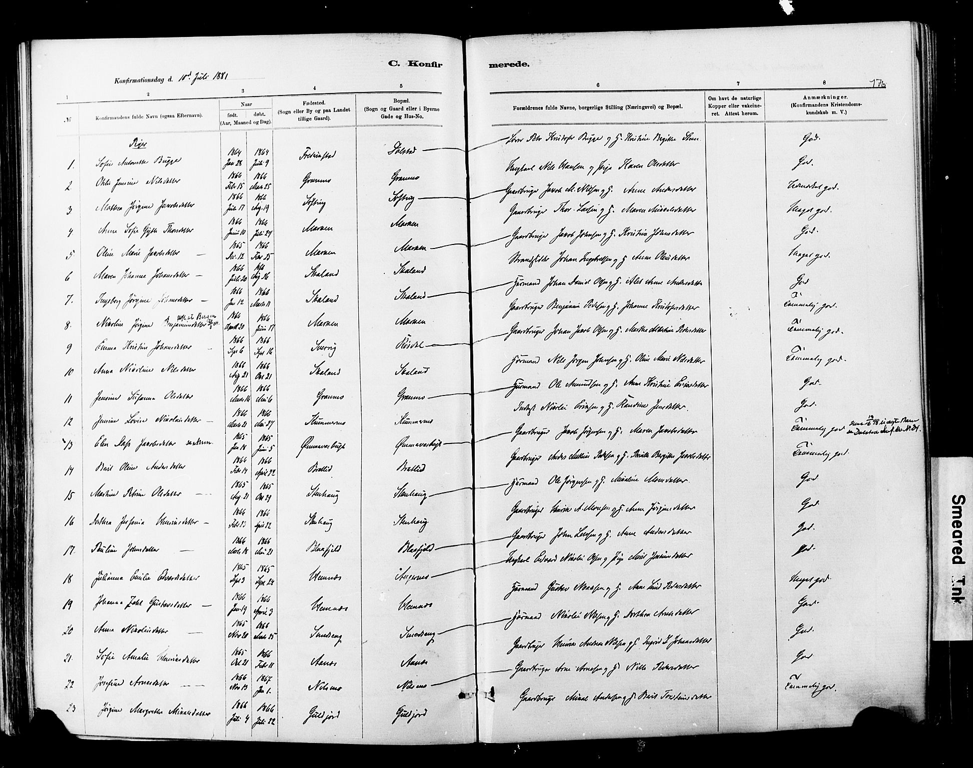 Ministerialprotokoller, klokkerbøker og fødselsregistre - Nordland, AV/SAT-A-1459/820/L0295: Parish register (official) no. 820A16, 1880-1896, p. 176