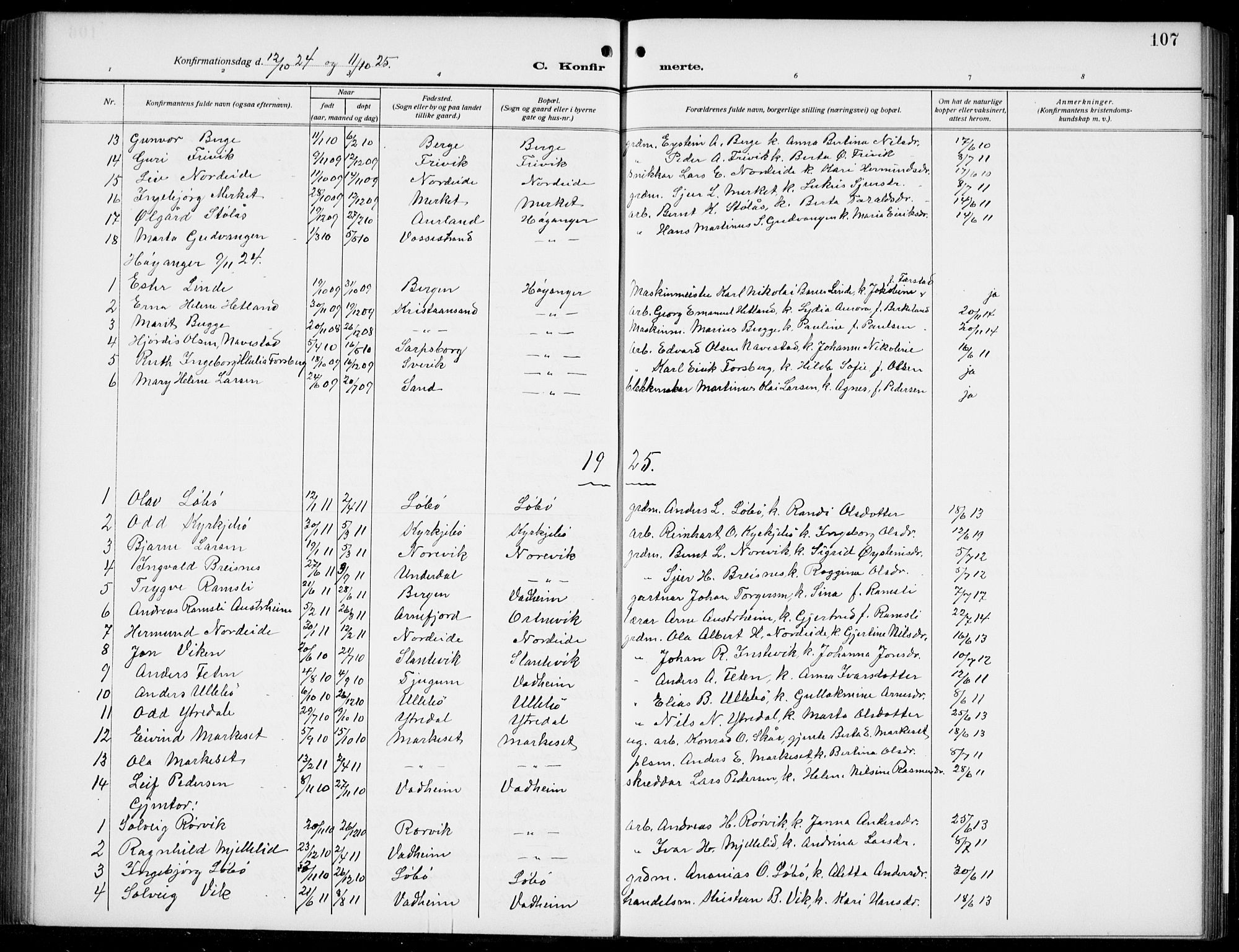 Lavik sokneprestembete, AV/SAB-A-80901: Parish register (copy) no. B 4, 1914-1937, p. 107