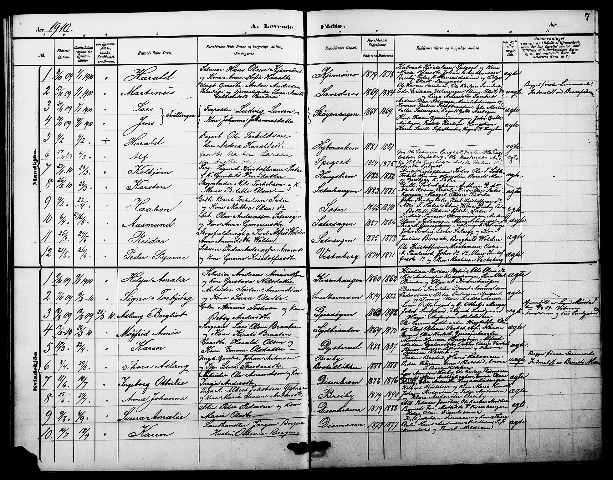 Sør-Odal prestekontor, AV/SAH-PREST-030/H/Ha/Hab/L0007: Parish register (copy) no. 7, 1907-1915, p. 7