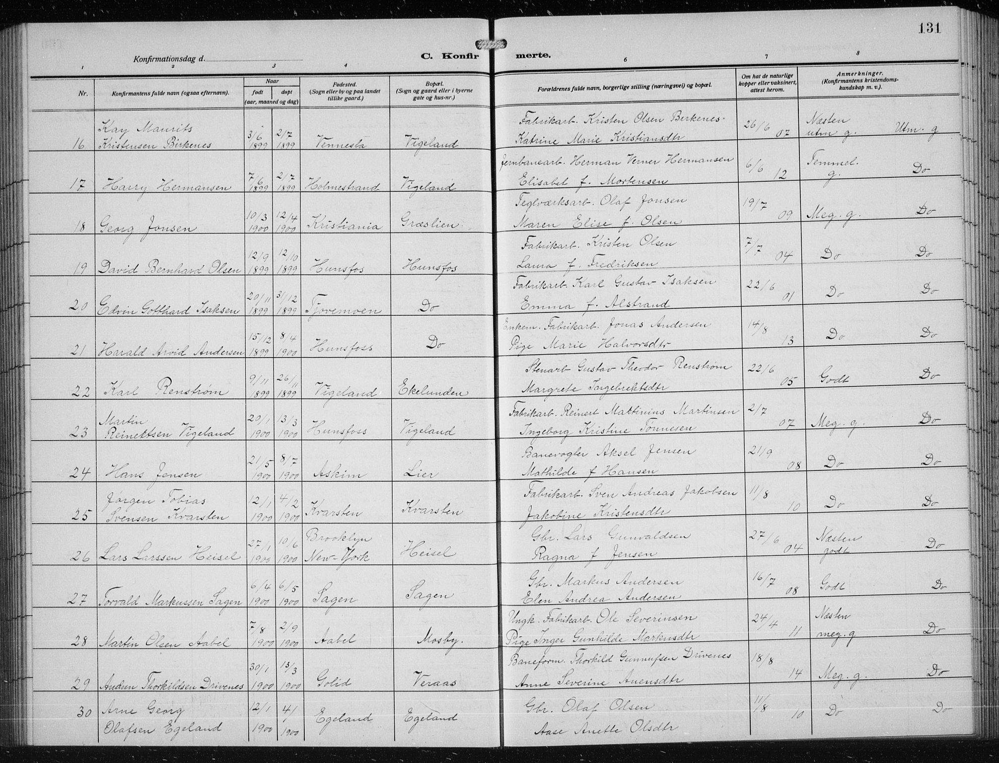 Vennesla sokneprestkontor, AV/SAK-1111-0045/Fb/Fbb/L0006: Parish register (copy) no. B 6, 1914-1921, p. 131