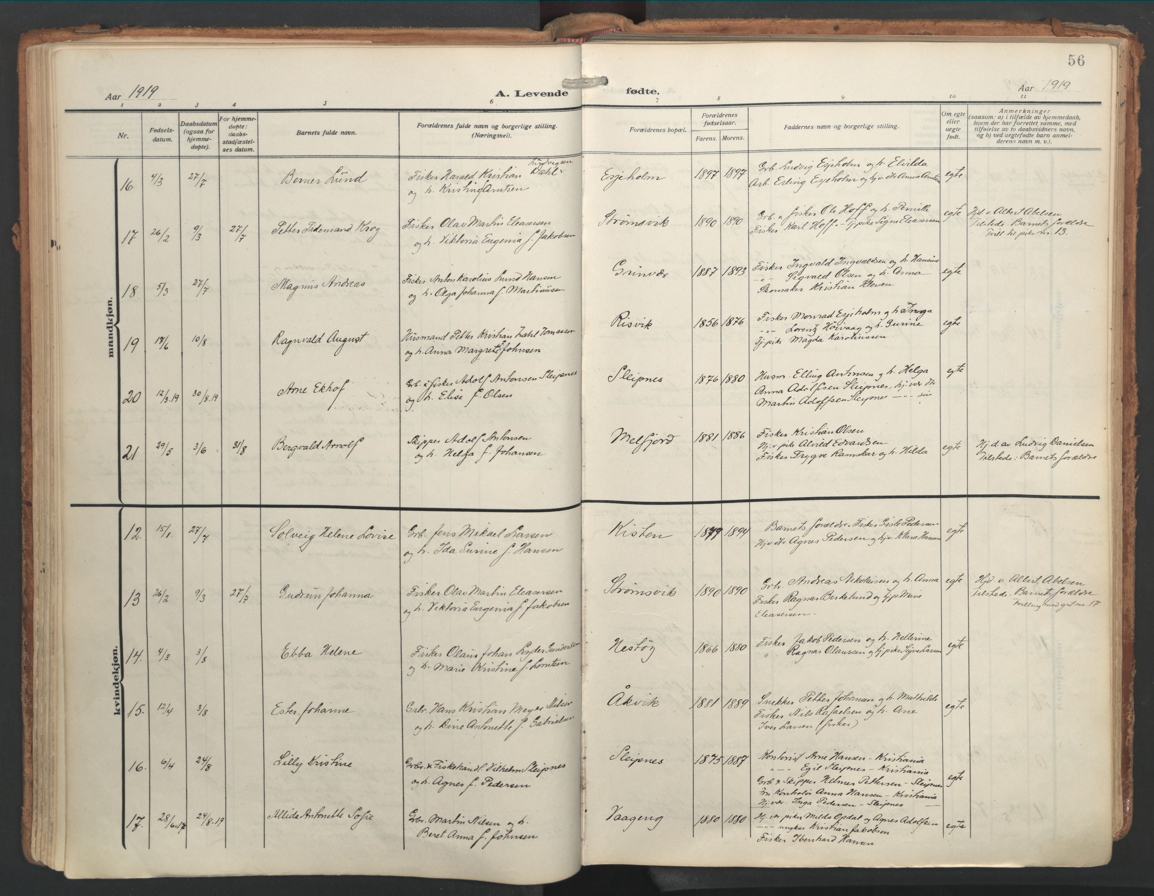 Ministerialprotokoller, klokkerbøker og fødselsregistre - Nordland, AV/SAT-A-1459/841/L0614: Parish register (official) no. 841A17, 1911-1925, p. 56