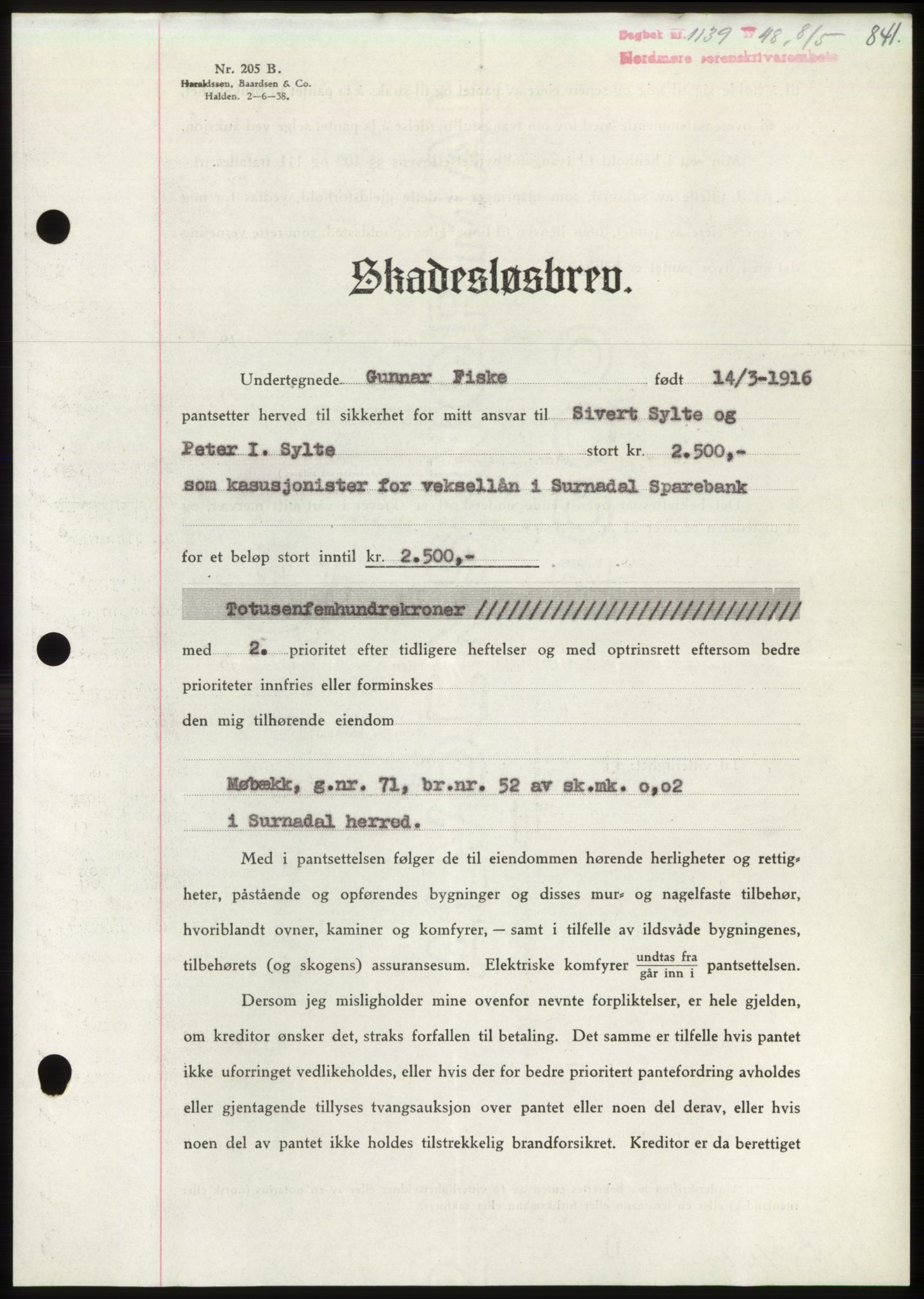 Nordmøre sorenskriveri, AV/SAT-A-4132/1/2/2Ca: Mortgage book no. B98, 1948-1948, Diary no: : 1139/1948