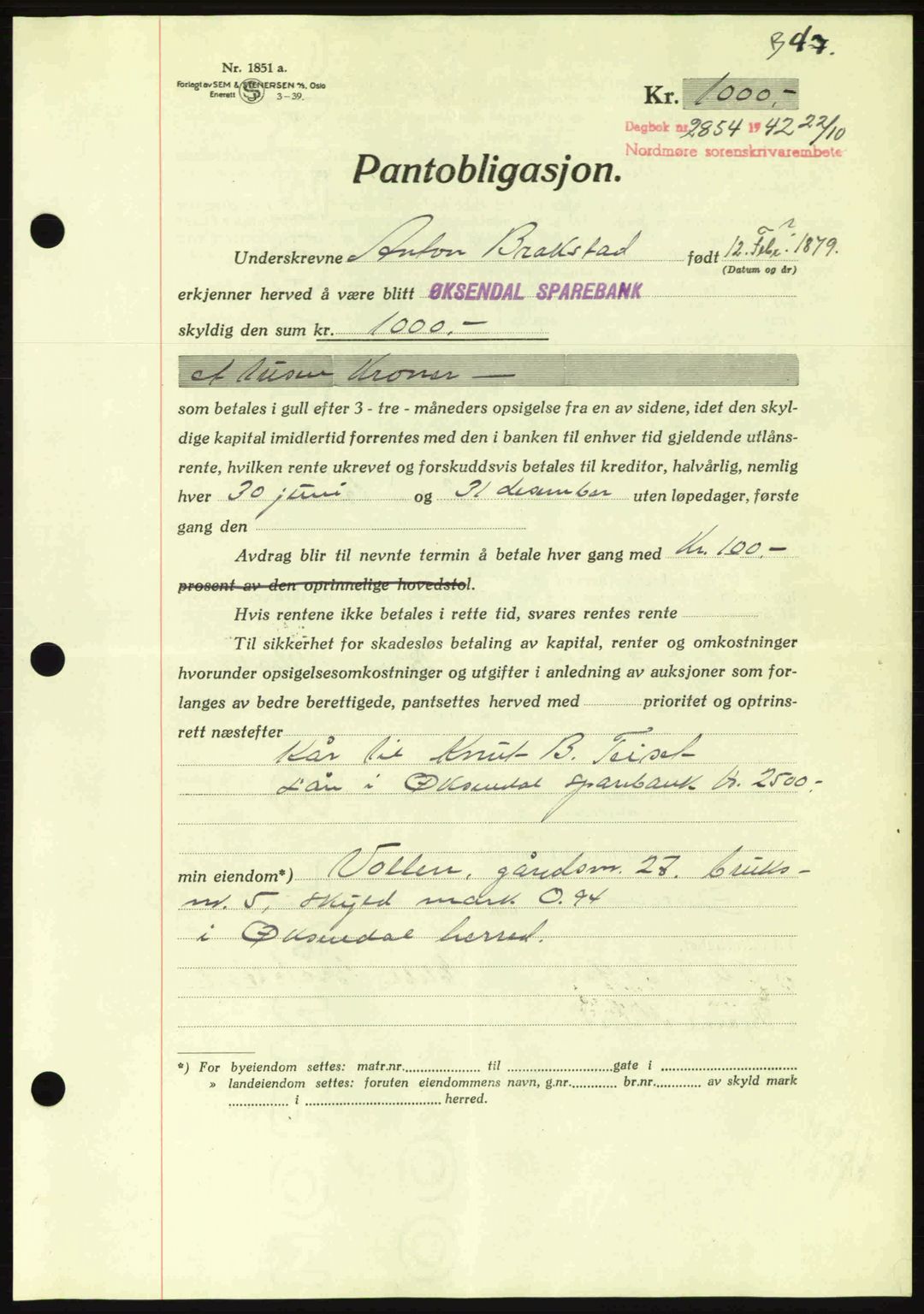 Nordmøre sorenskriveri, AV/SAT-A-4132/1/2/2Ca: Mortgage book no. B90, 1942-1943, Diary no: : 2854/1942