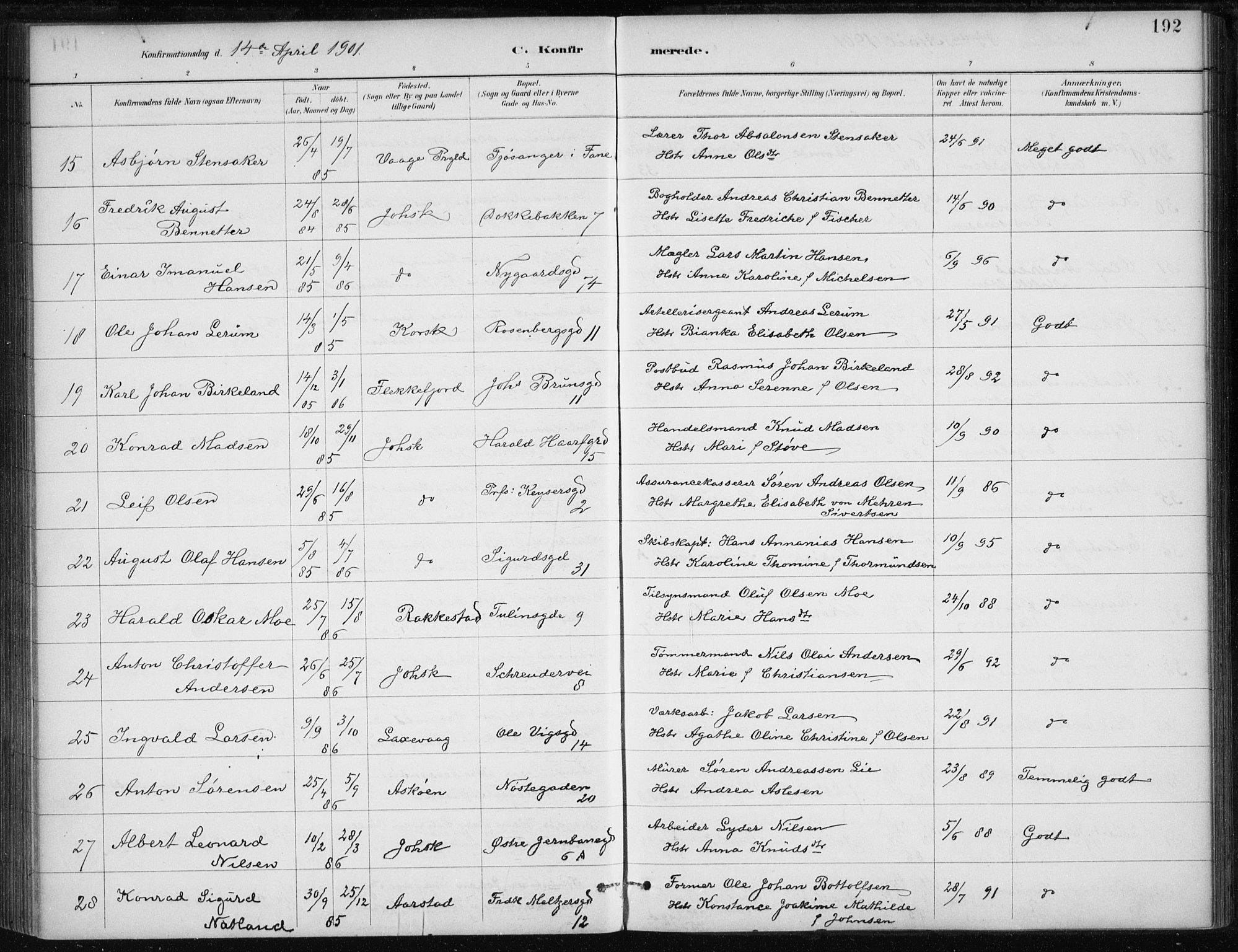 Johanneskirken sokneprestembete, AV/SAB-A-76001/H/Haa/L0008: Parish register (official) no. C 1, 1885-1907, p. 192