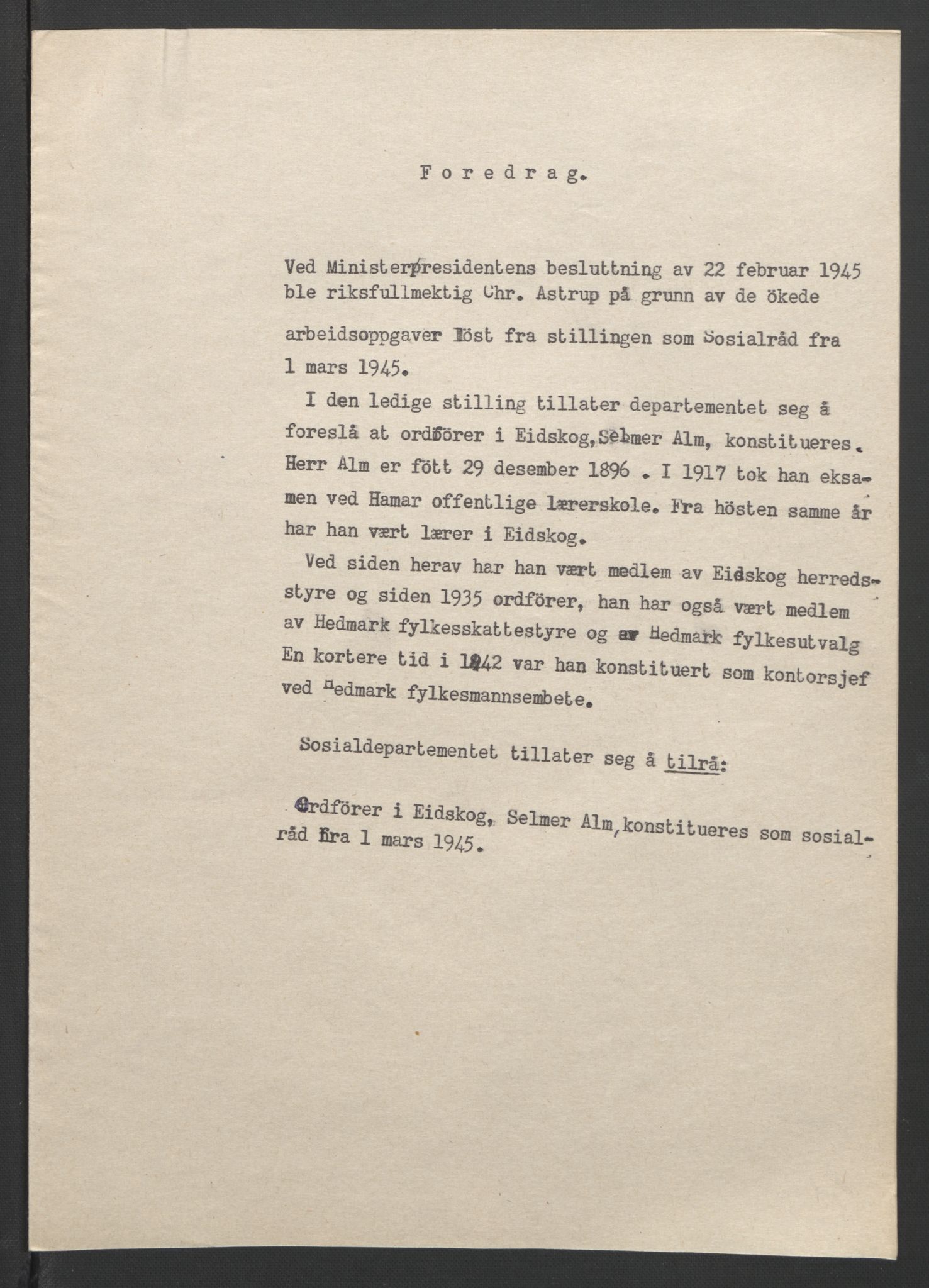 NS-administrasjonen 1940-1945 (Statsrådsekretariatet, de kommisariske statsråder mm), AV/RA-S-4279/D/Db/L0090: Foredrag til vedtak utenfor ministermøte, 1942-1945, p. 637