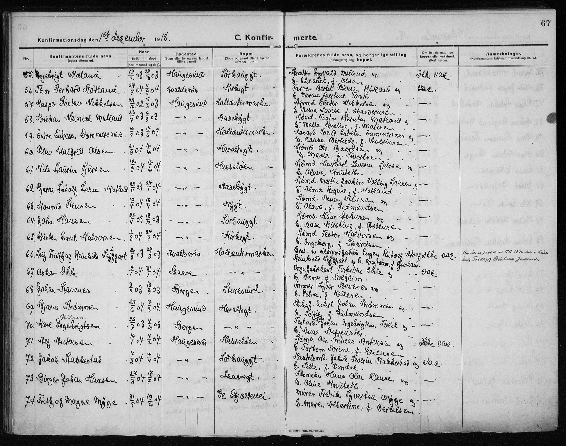 Haugesund sokneprestkontor, AV/SAST-A -101863/H/Ha/Haa/L0009: Parish register (official) no. A 9, 1914-1929, p. 67