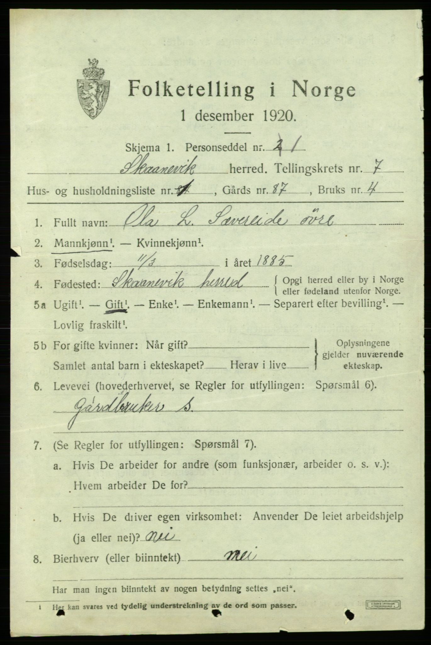 SAB, 1920 census for Skånevik, 1920, p. 4357