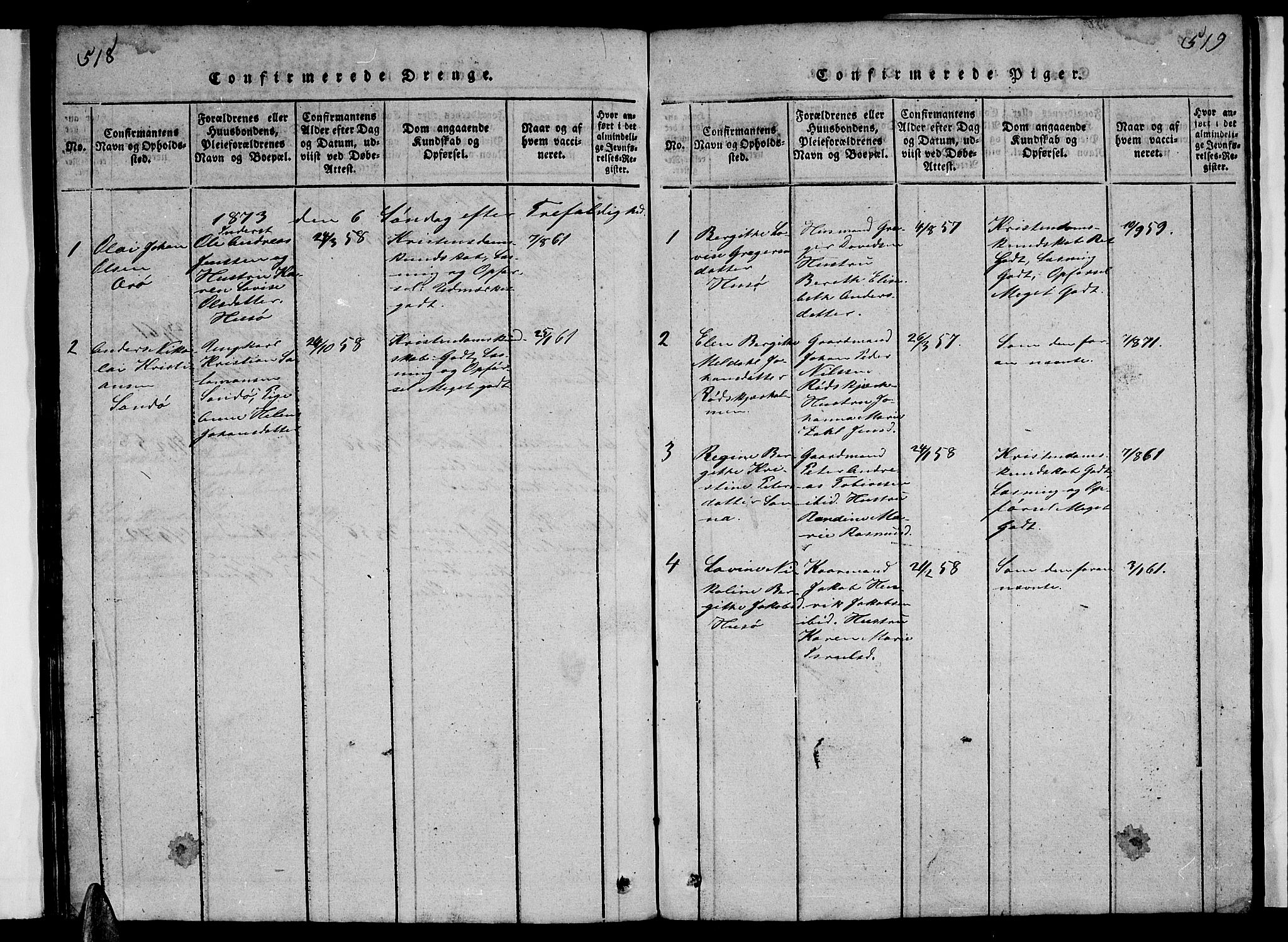Ministerialprotokoller, klokkerbøker og fødselsregistre - Nordland, SAT/A-1459/840/L0581: Parish register (copy) no. 840C01, 1820-1873, p. 518-519
