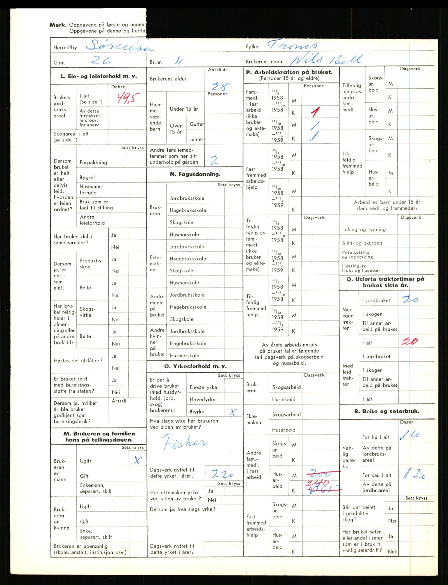 Statistisk sentralbyrå, Næringsøkonomiske emner, Jordbruk, skogbruk, jakt, fiske og fangst, AV/RA-S-2234/G/Gd/L0656: Troms: 1924 Målselv (kl. 0-3) og 1925 Sørreisa, 1959, p. 1940