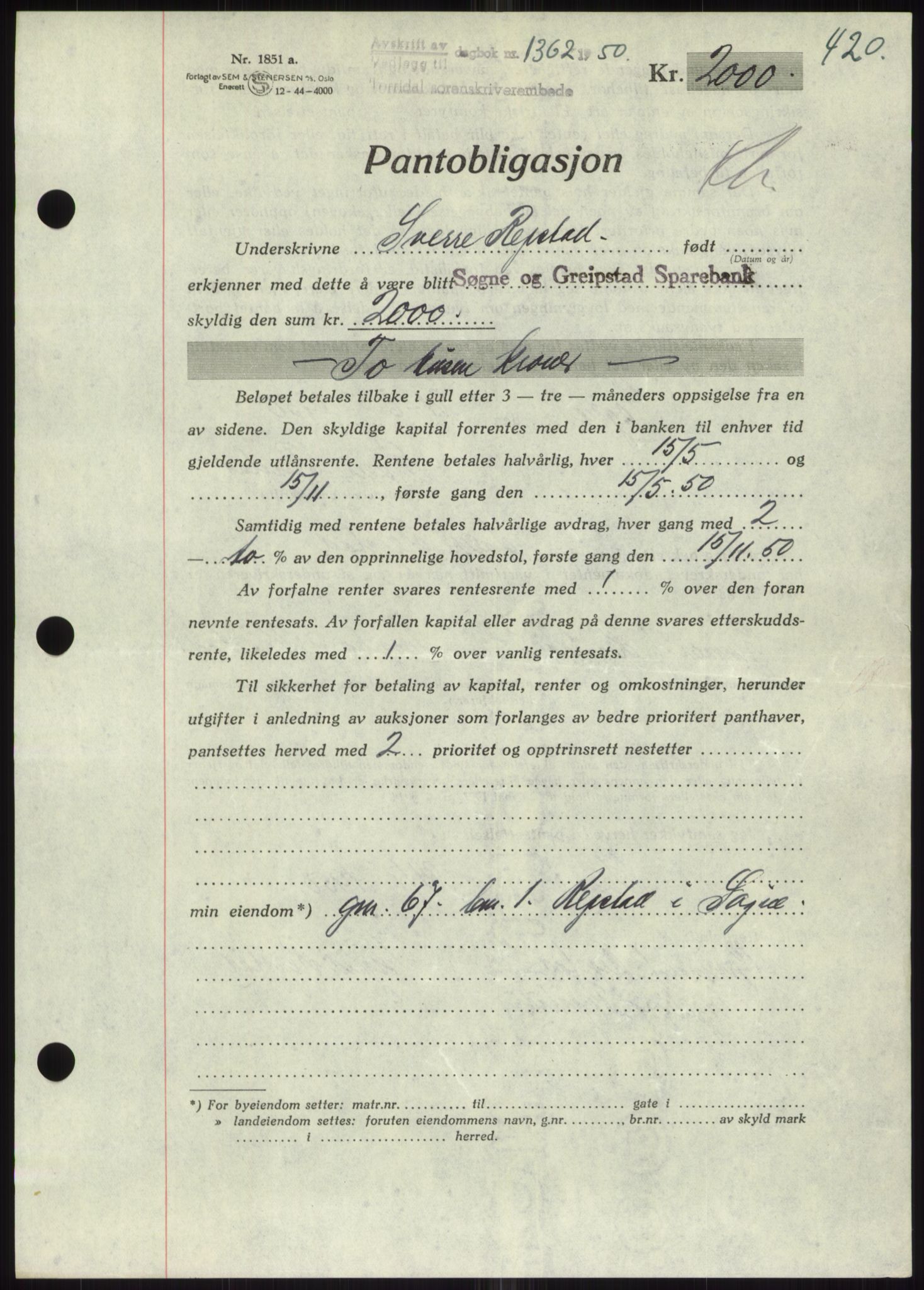 Torridal sorenskriveri, AV/SAK-1221-0012/G/Gb/Gbb/L0019: Mortgage book no. 62B, 1950-1950, Diary no: : 1362/1950