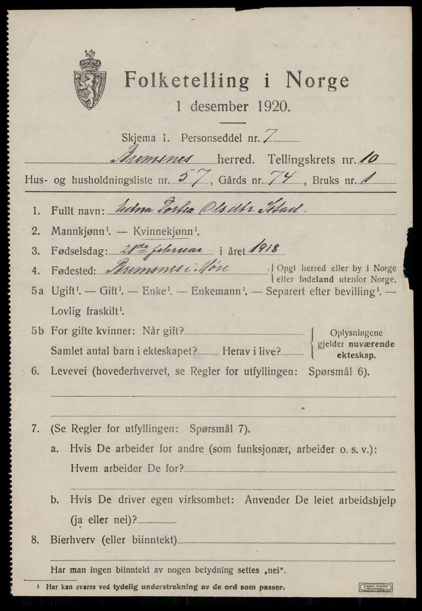 SAT, 1920 census for Bremsnes, 1920, p. 9299