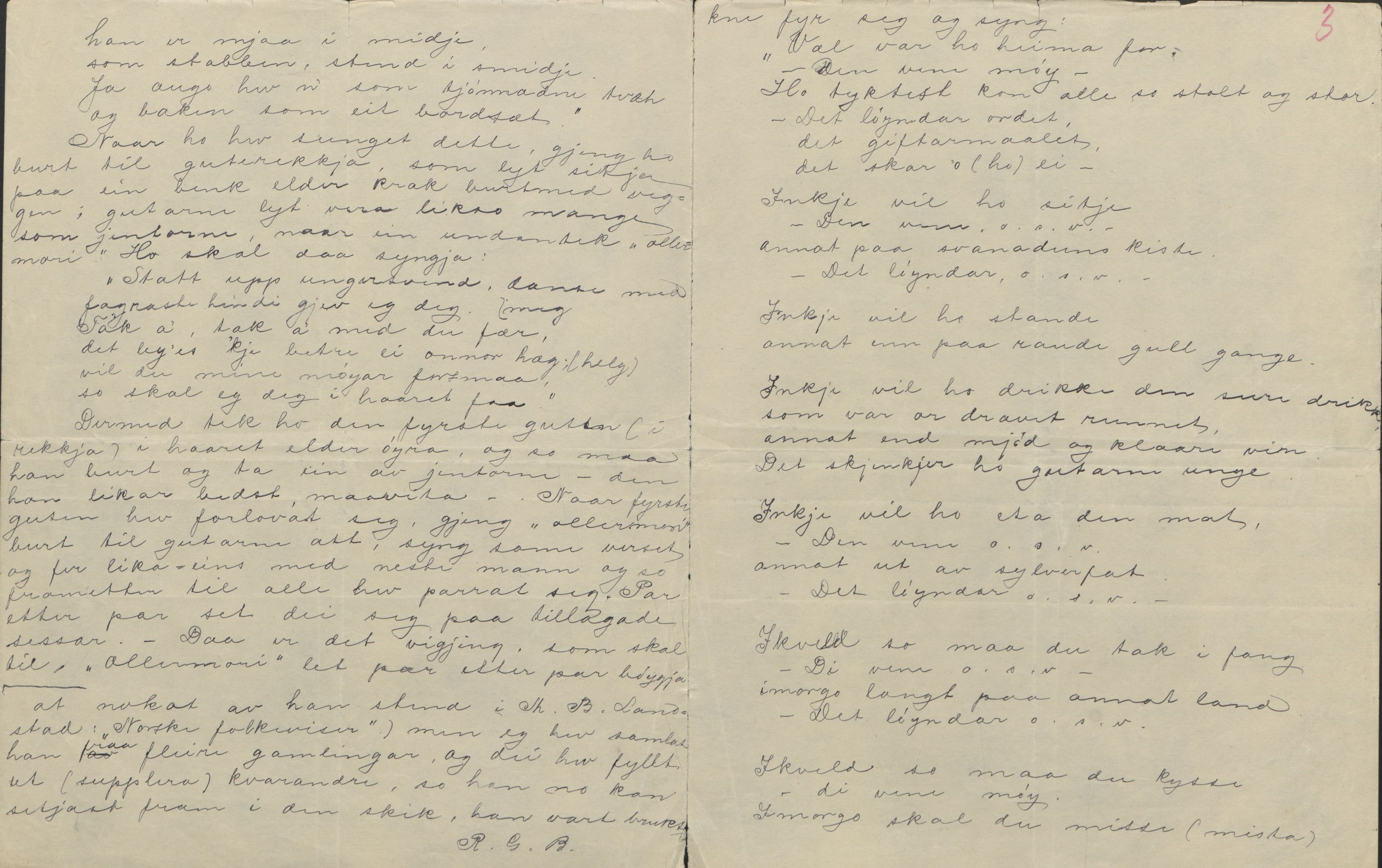 Rikard Berge, TEMU/TGM-A-1003/F/L0004/0053: 101-159 / 157 Manuskript, notatar, brev o.a. Nokre leiker, manuskript, 1906-1908, p. 2-3