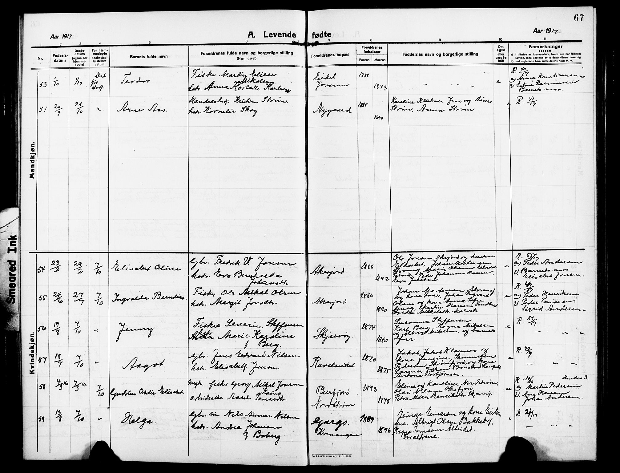 Skjervøy sokneprestkontor, AV/SATØ-S-1300/H/Ha/Hab/L0009klokker: Parish register (copy) no. 9, 1911-1926, p. 67