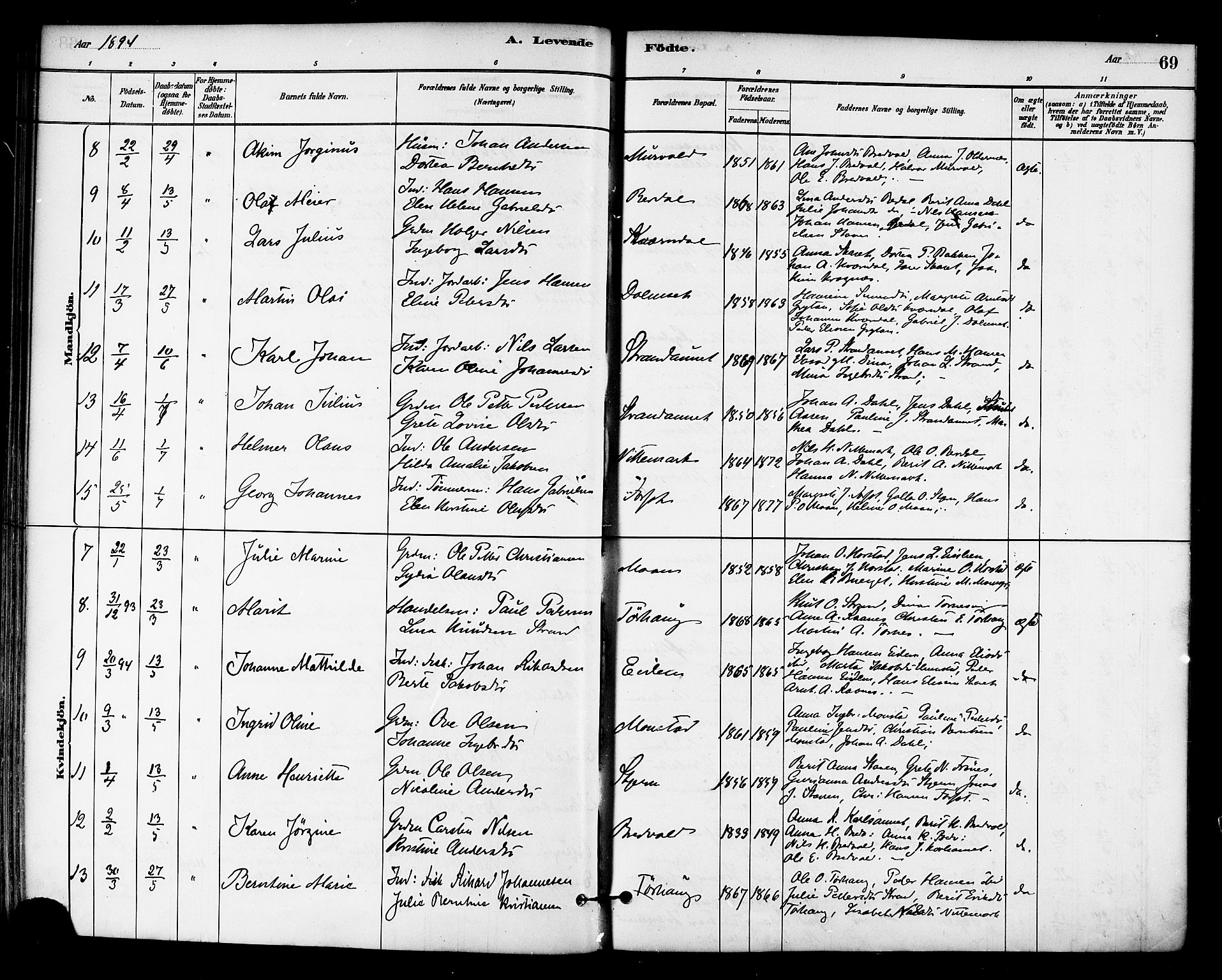 Ministerialprotokoller, klokkerbøker og fødselsregistre - Sør-Trøndelag, SAT/A-1456/655/L0680: Parish register (official) no. 655A09, 1880-1894, p. 69