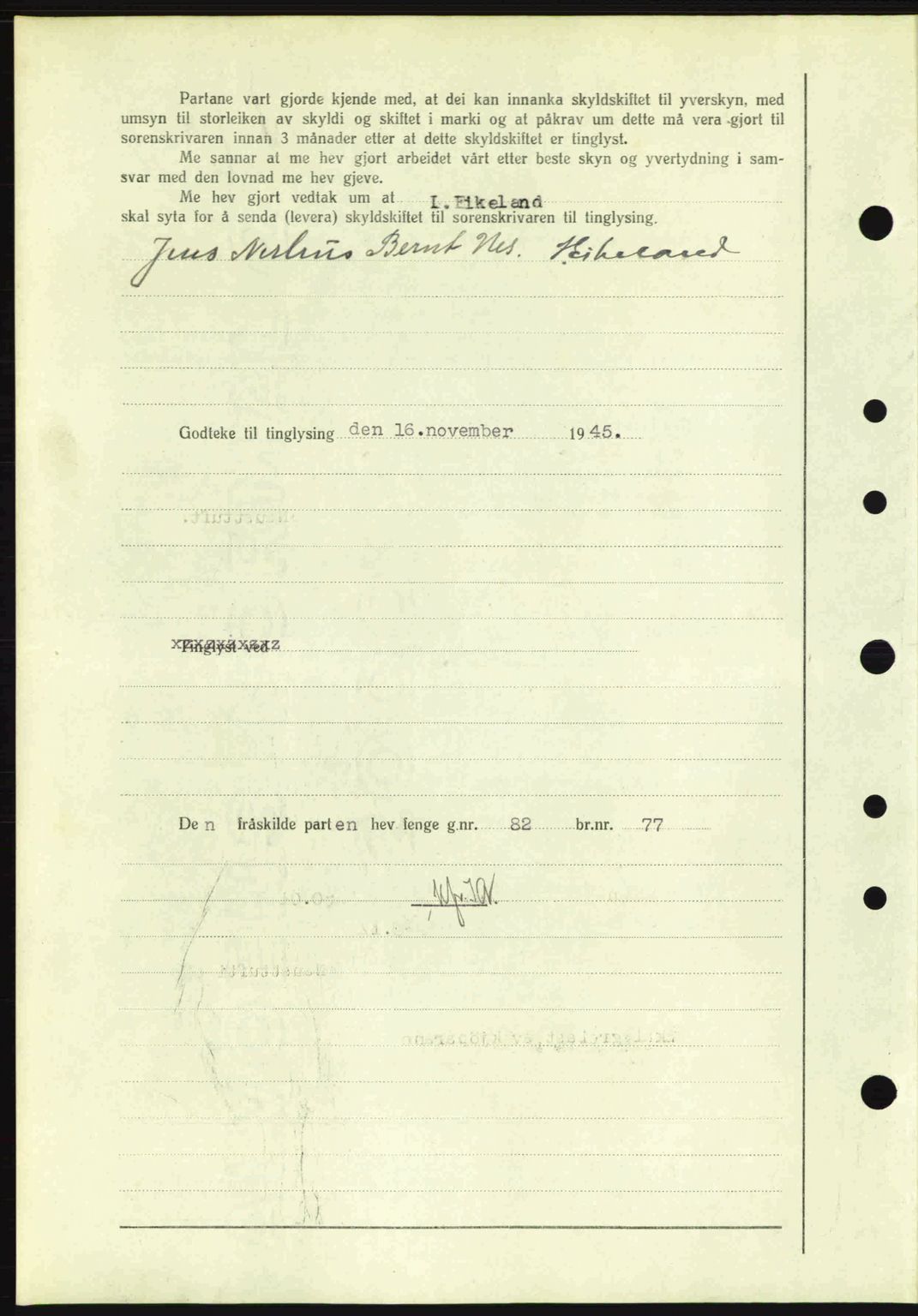 Sunnhordland sorenskrivar, AV/SAB-A-2401: Mortgage book no. A77, 1945-1945, Diary no: : 1310/1945