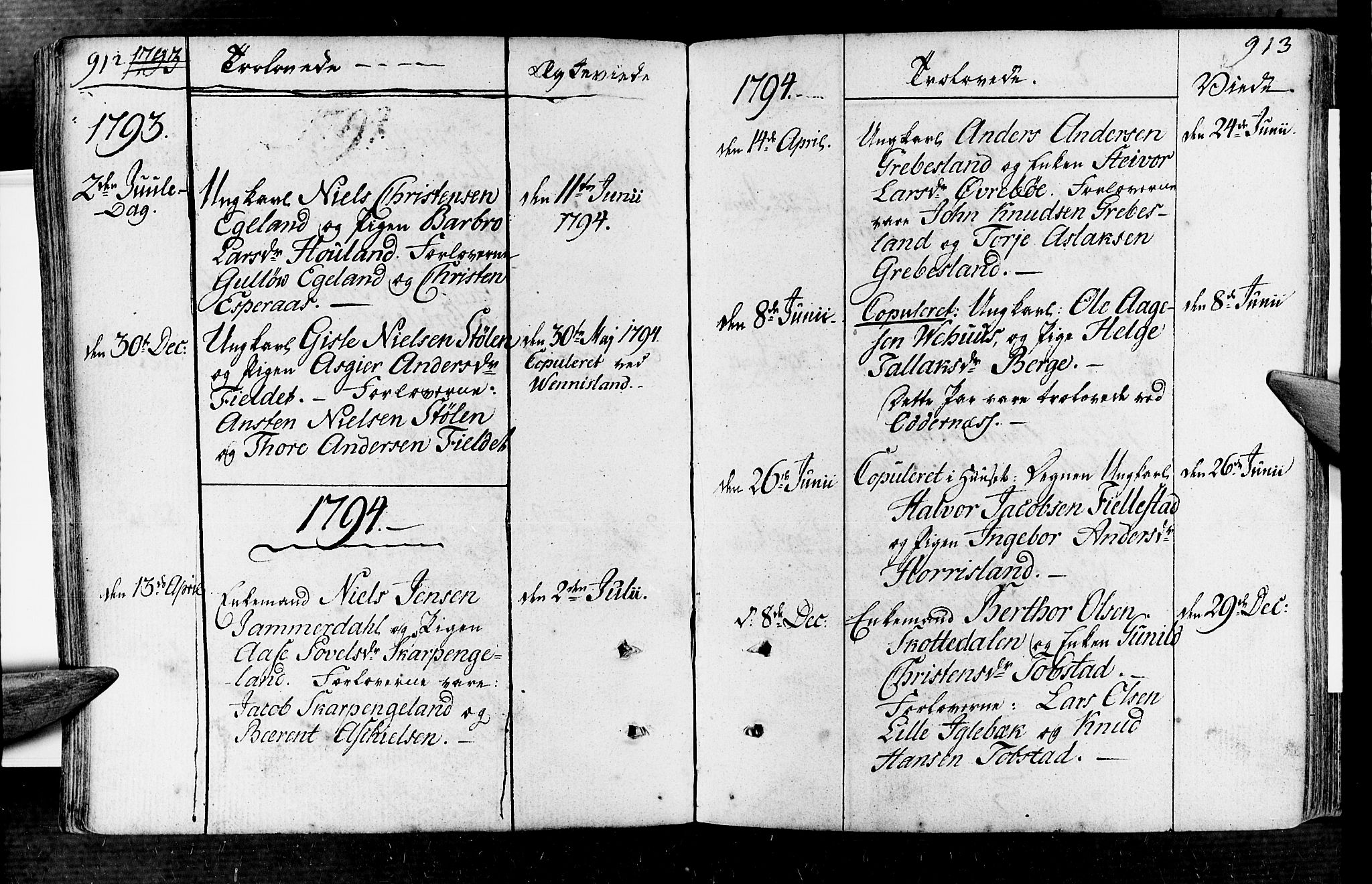 Vennesla sokneprestkontor, AV/SAK-1111-0045/Fa/Fac/L0002: Parish register (official) no. A 2, 1785-1834, p. 912-913