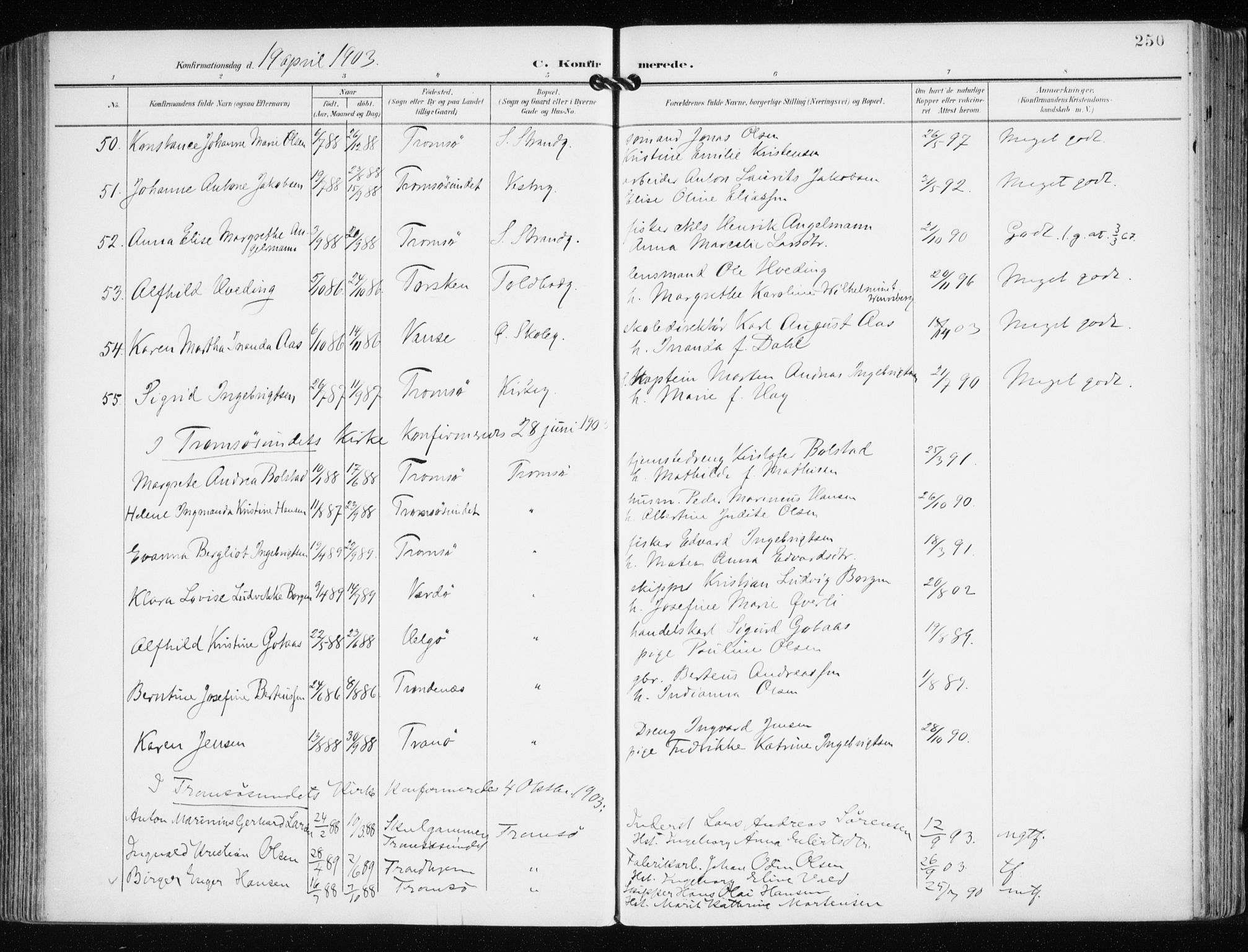 Tromsø sokneprestkontor/stiftsprosti/domprosti, SATØ/S-1343/G/Ga/L0016kirke: Parish register (official) no. 16, 1899-1906, p. 250