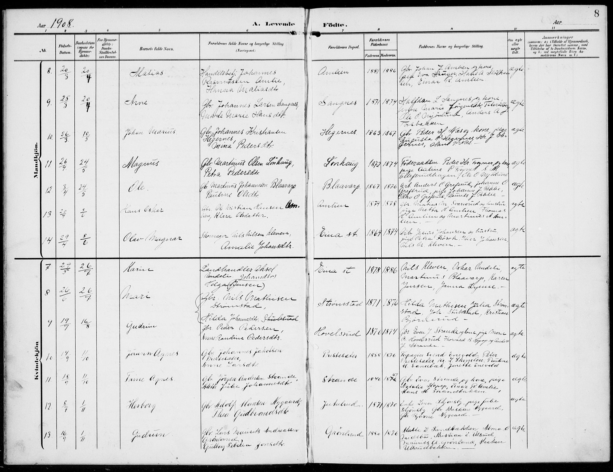 Kolbu prestekontor, SAH/PREST-110/H/Ha/Haa/L0001: Parish register (official) no. 1, 1907-1923, p. 8