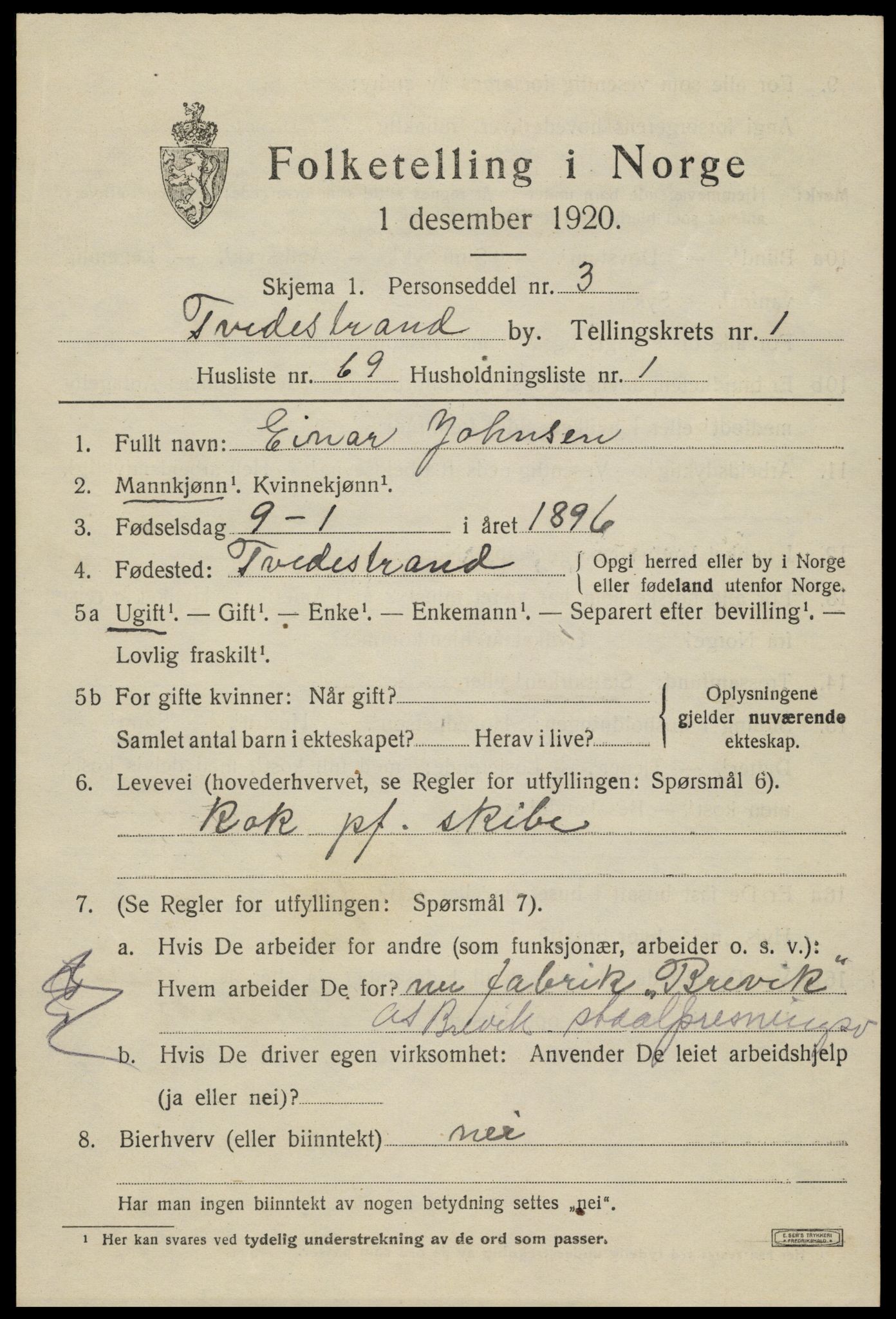 SAK, 1920 census for Tvedestrand, 1920, p. 2095