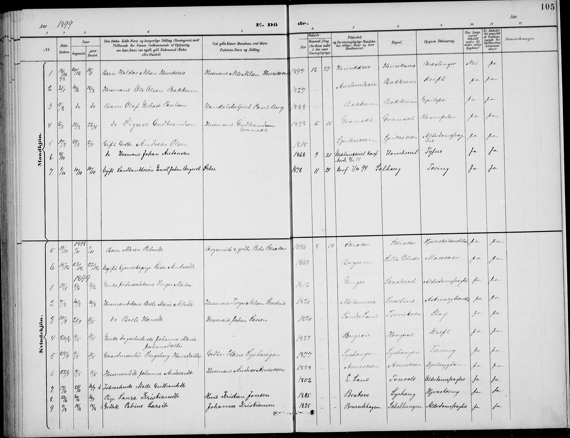 Nordre Land prestekontor, SAH/PREST-124/H/Ha/Hab/L0014: Parish register (copy) no. 14, 1891-1907, p. 105
