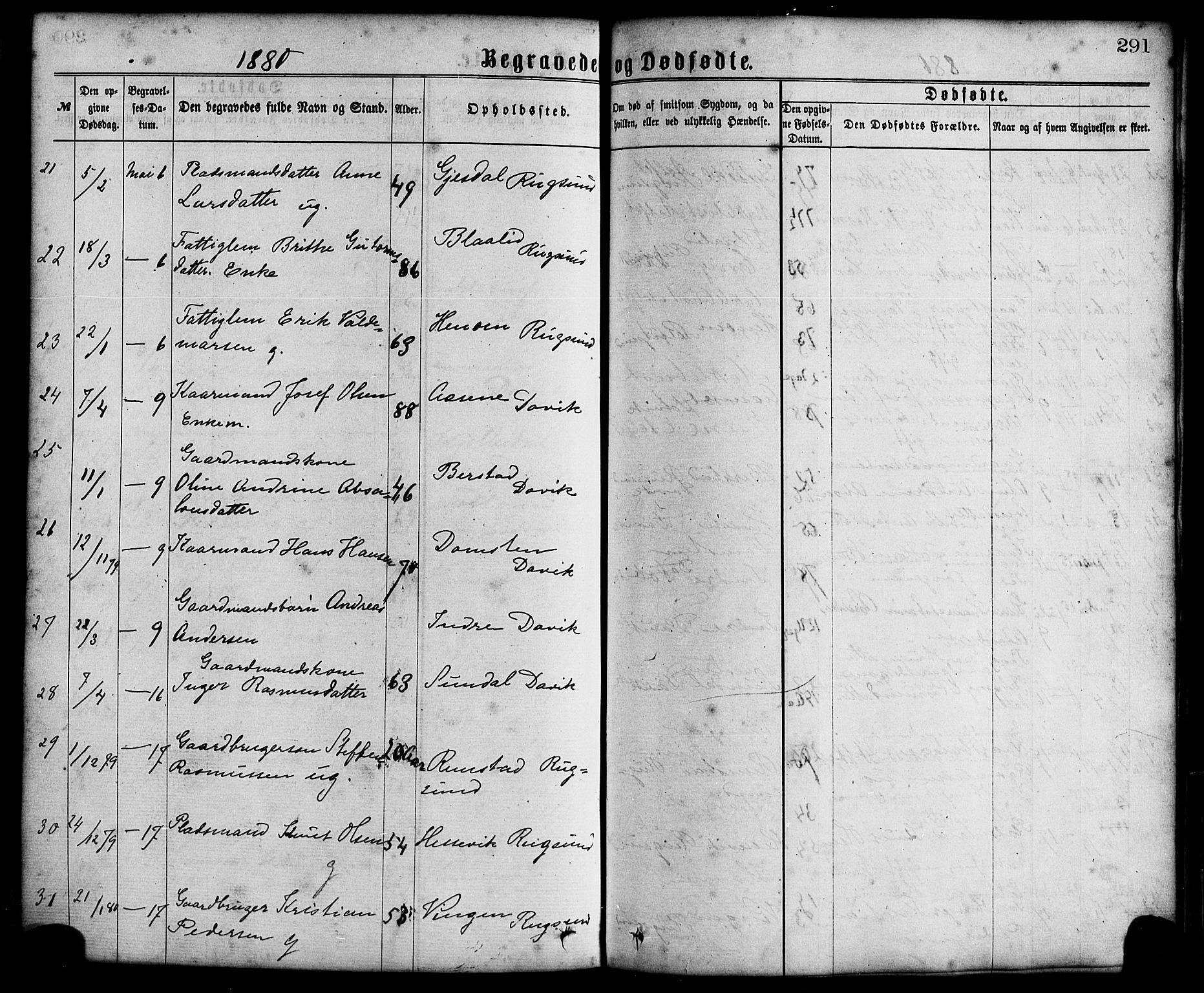 Davik sokneprestembete, AV/SAB-A-79701/H/Haa/Haaa/L0006: Parish register (official) no. A 6, 1867-1881, p. 291