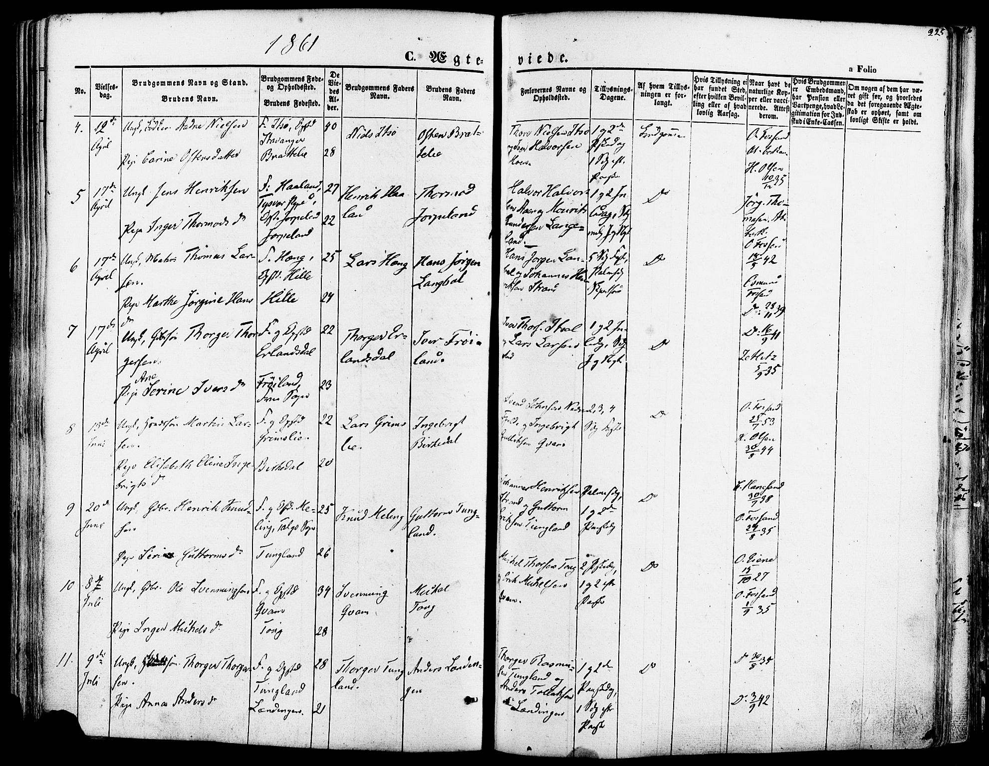 Strand sokneprestkontor, AV/SAST-A-101828/H/Ha/Haa/L0007: Parish register (official) no. A 7, 1855-1881, p. 225