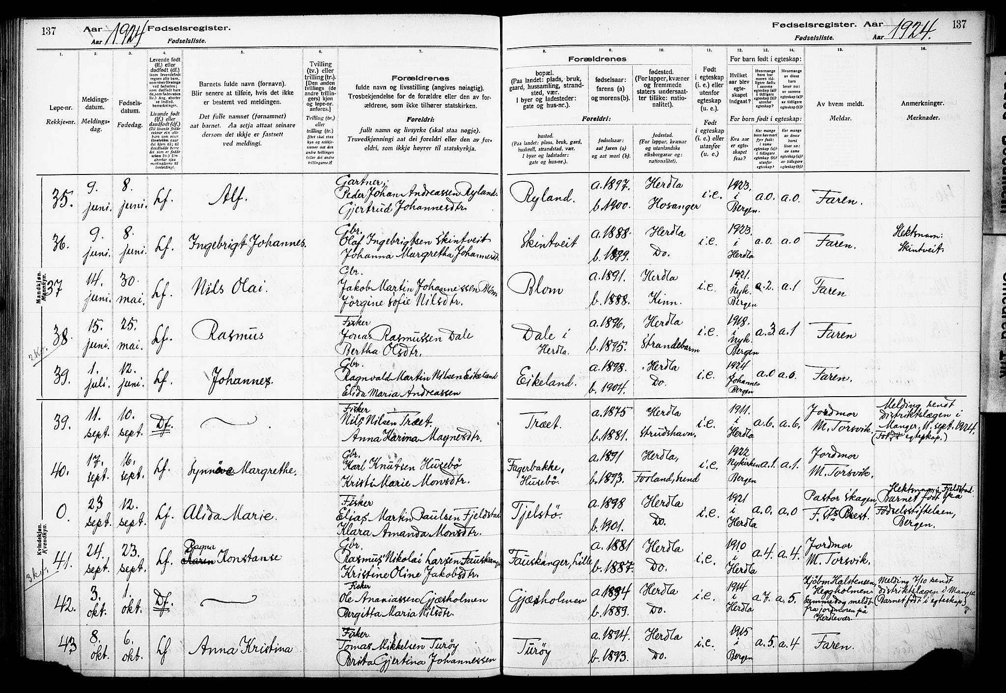 Herdla Sokneprestembete, AV/SAB-A-75701/I/Id/L00A1: Birth register no. A 1, 1916-1929, p. 137